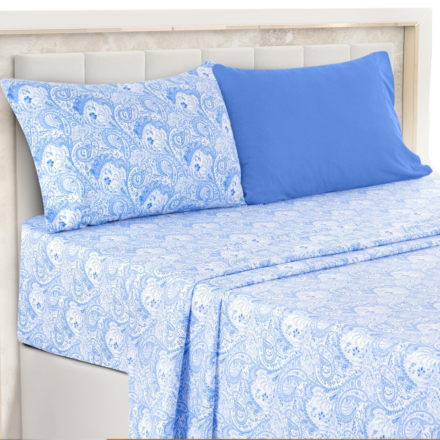 Ultra Soft Wrinkle-Free Microfiber Paisley Twin Sheet Set, Cute Floral Pattern Boho Print – 16" Deep Pocket Fitted Sheet, Flat Sheet & 2 Pillowcases, Breathable, OEKO-TEX - White/Blue