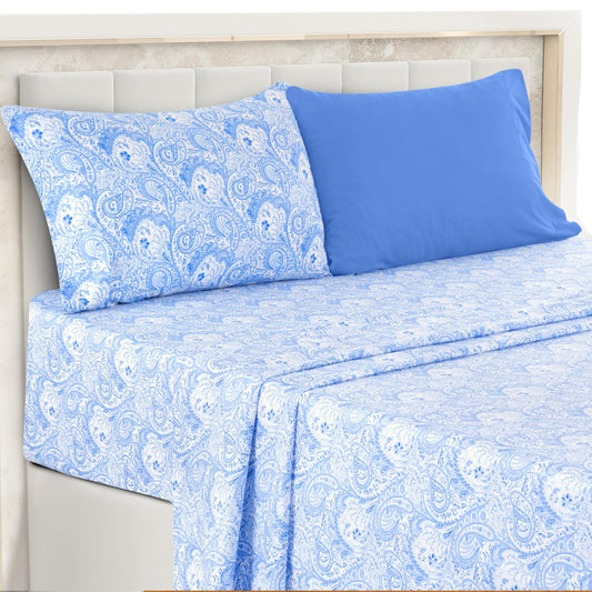 Ultra Soft Wrinkle-Free Microfiber Paisley Twin Sheet Set, Cute Floral Pattern Boho Print – 16" Deep Pocket Fitted Sheet, Flat Sheet & 2 Pillowcases, Breathable, OEKO-TEX - White/Blue