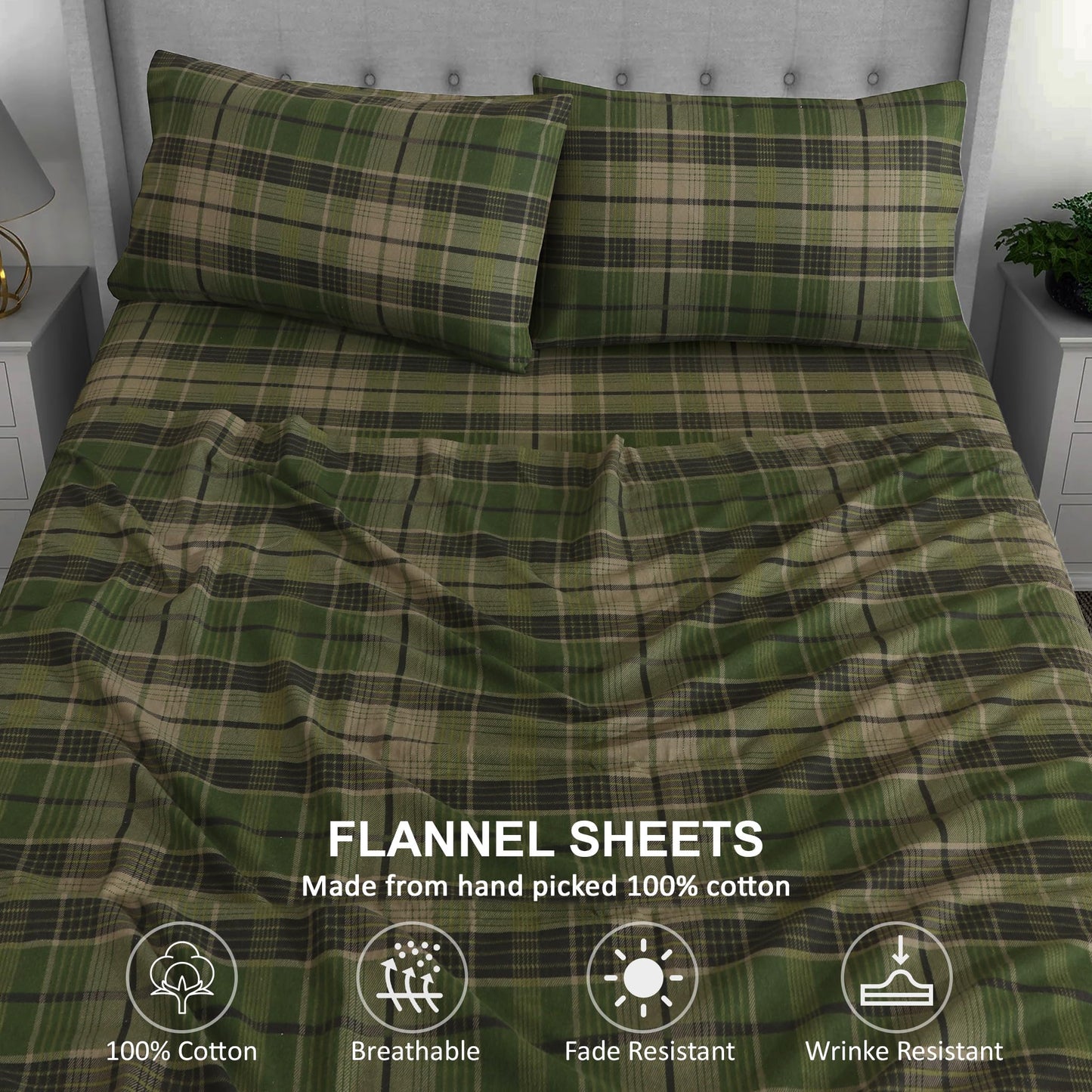 RUVANTI Flannel Sheets Queen Size - 100% Cotton Double Brushed Bed Sheets, Deep Pockets 16 Inches Queen Sheet Set, All Seasons Breathable & Extra Soft - Warm & Cozy, 4 Piece, DNA Plaid