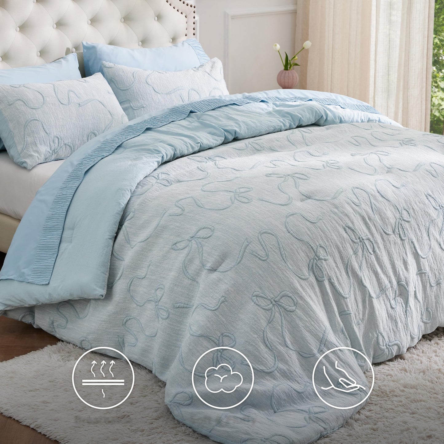 Bedsure Dusty Blue King Size Comforter Set, GentleSoft™ 3 Pieces Breathable Bow Comforter Set Women with 2 Pillow Shams, Cute King Bedding Set Room Decor Aesthetic Bedroom Decor, 104x90 Inches