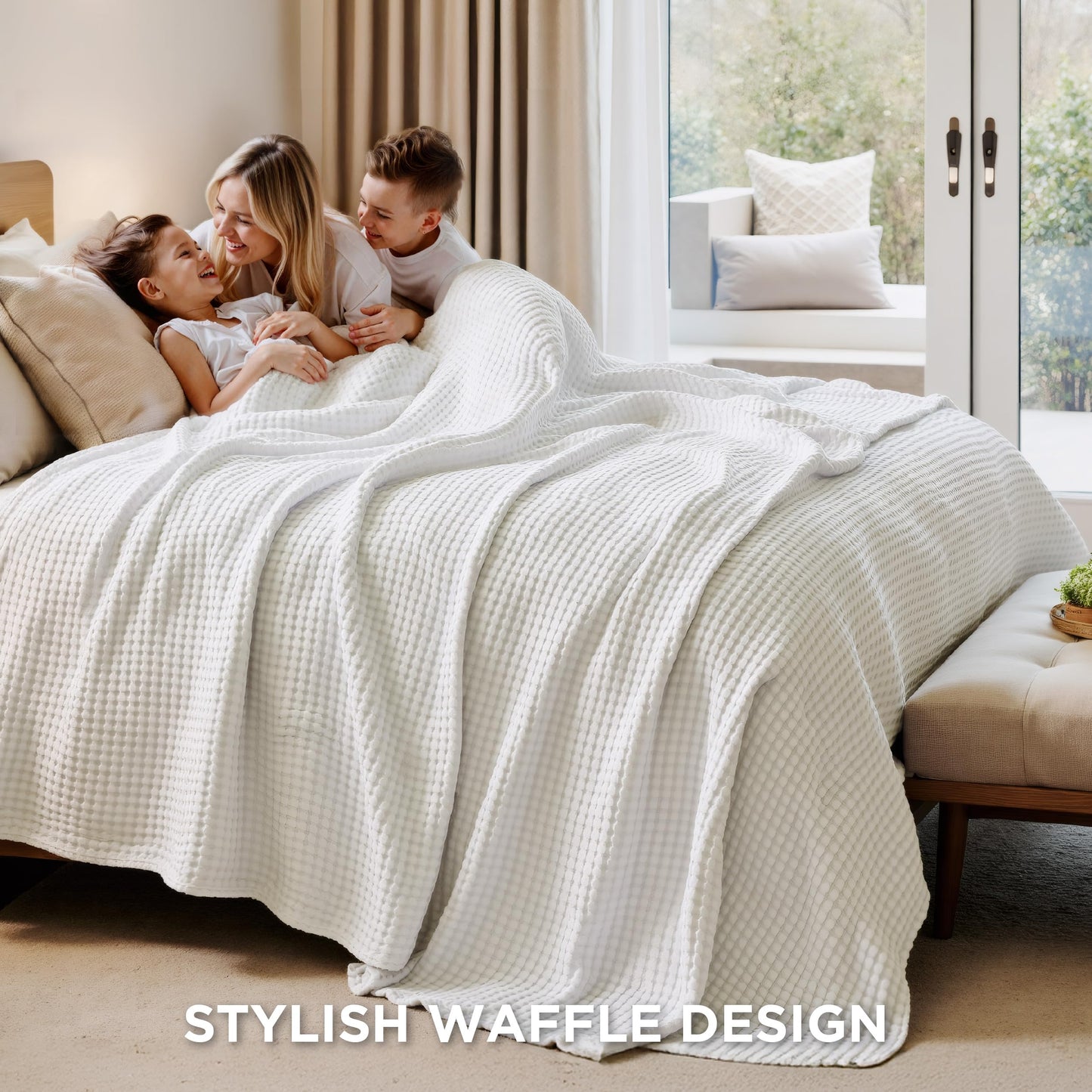 Bedsure Cooling Waffle Queen Size Blanket - Lightweight Cotton Summer Blanket of Rayon Derived from Bamboo for Hot Sleepers, Luxury Throws for Bed, Couch and Sofa, Ivory, 90x90 Inches