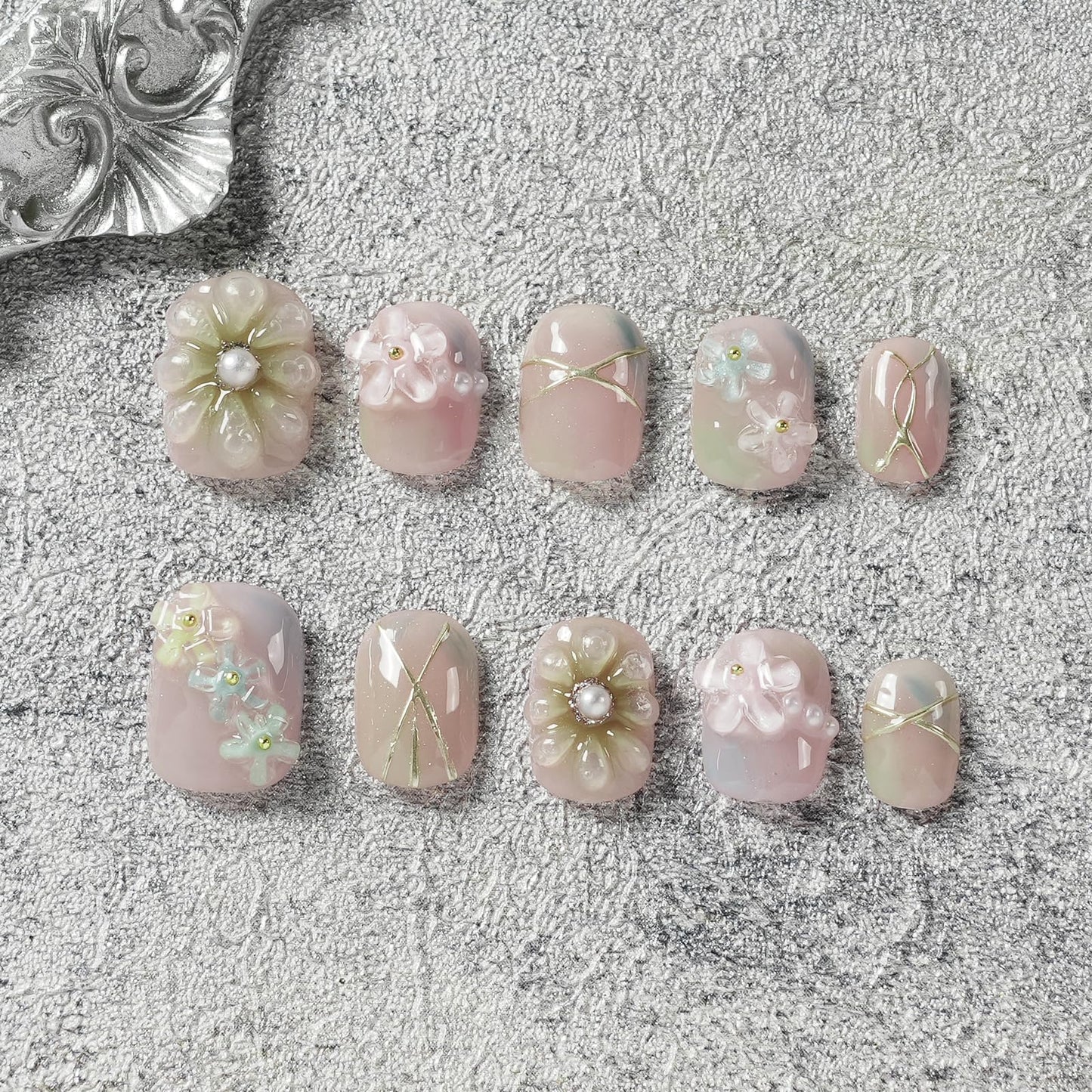 Tesytto Luxury Handmade Press On Nails Short Round, 3D Floral Pearl Design Gradient Glossy Pink Fake Nails, Reusable Soft Gel Acrylic False Nails for Women Daily Nail Art (Soft Petal Pearl Glow, M)