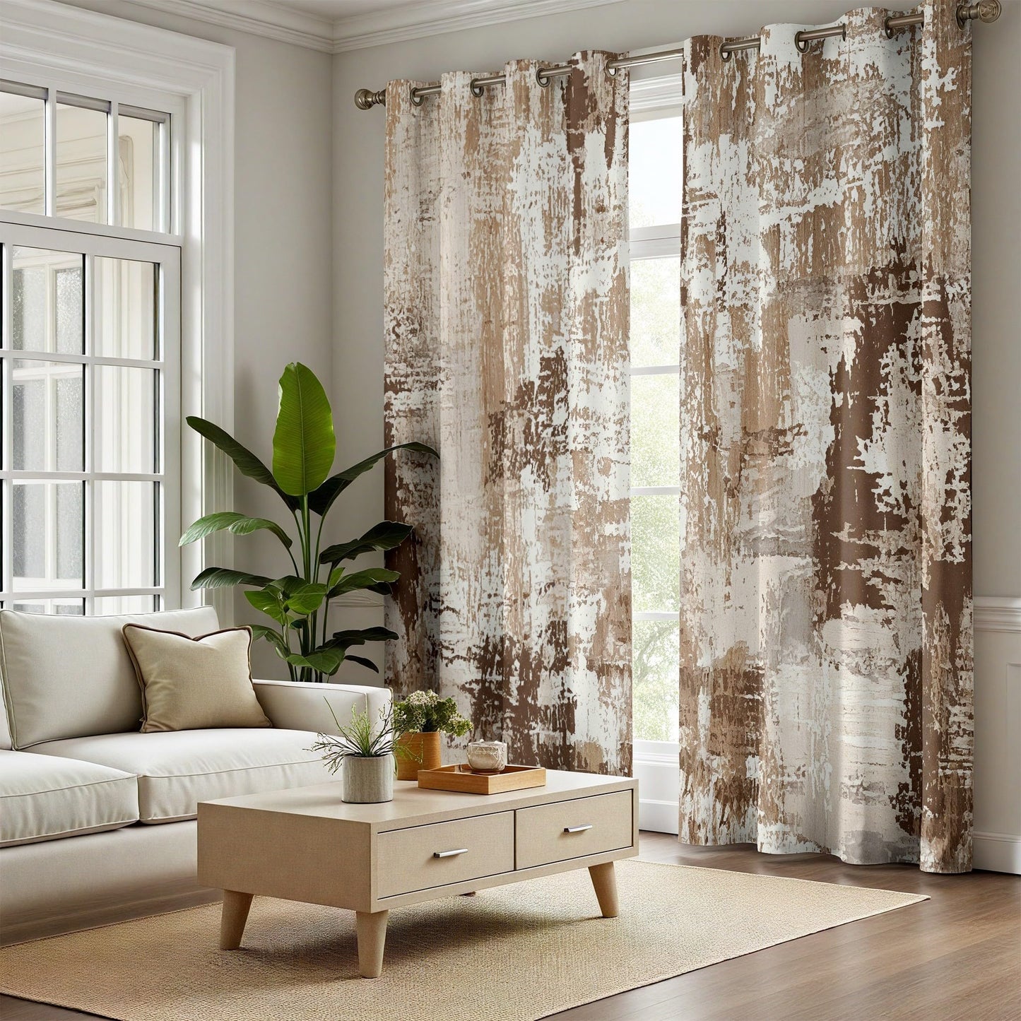 Rufxnn Abstract Curtains, Modern Distressed Curtain Blackout, Contemporary Neutral Curtains 63 Inch Length, Minimalist Brown Drapes for Living Room Bedroom, Grommet Room Darkening Curtain 2 Panel Set