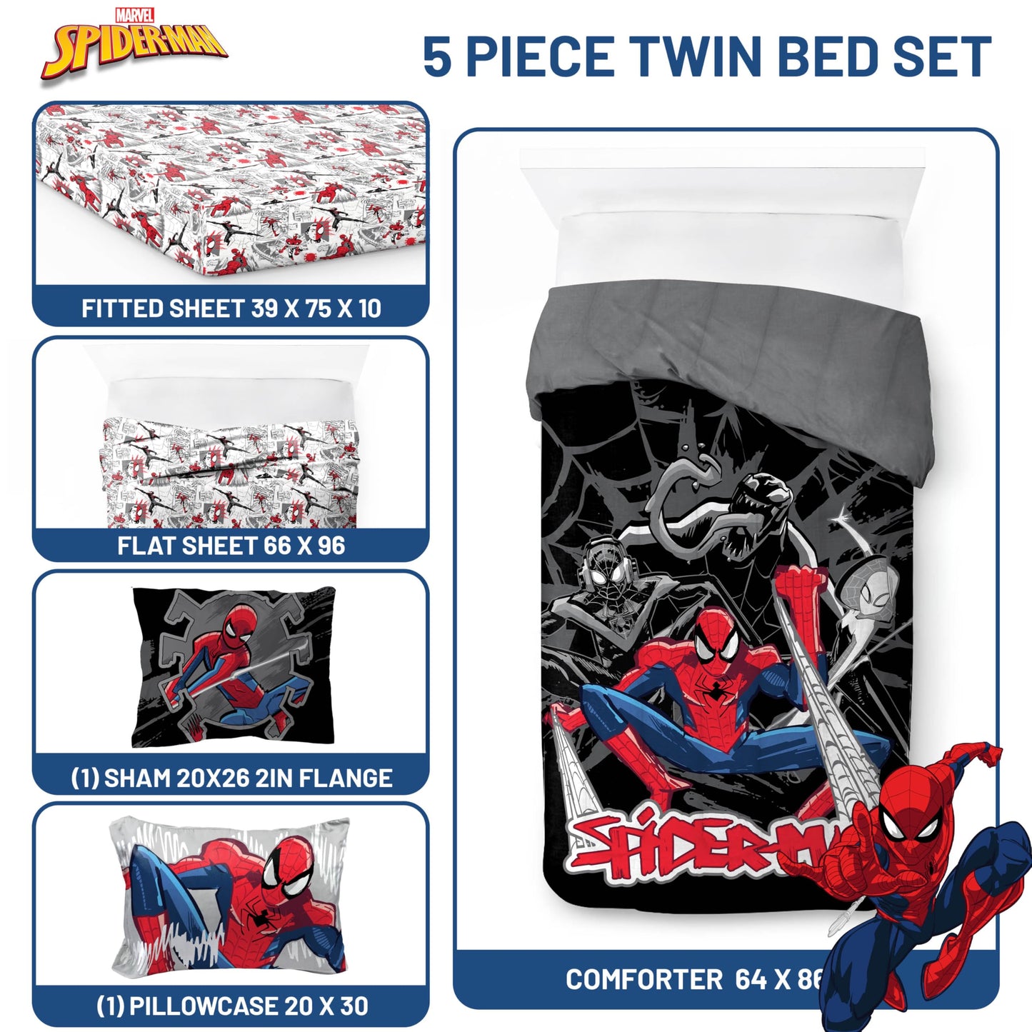 Jay Franco Kids Bed Set, Black, Spiderman, 5 Piece Twin
