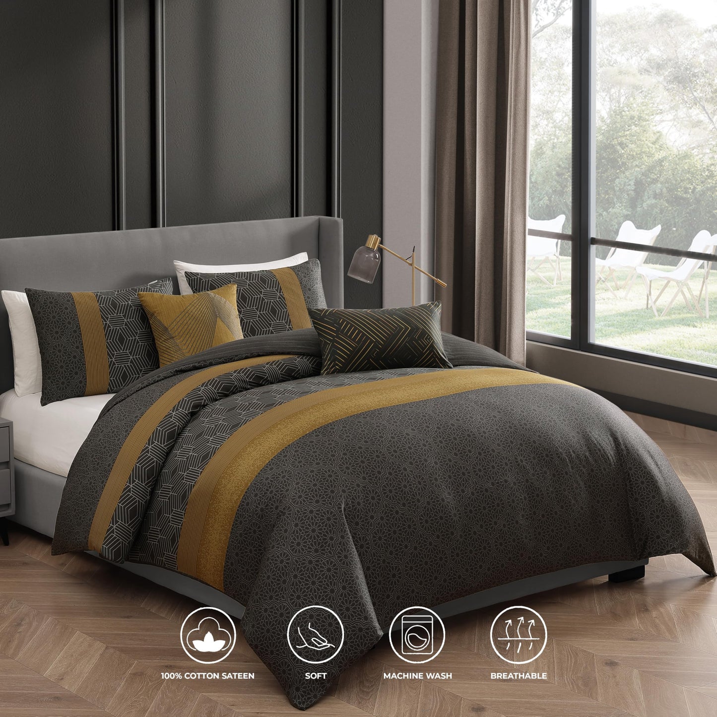 Bebejan Golden Hex 5 Piece Comforter Set, 100% Cotton Sateen, 220 Thread Count, Grey Reversible Bedding Comforter Set, 1 Comforter, 2 Shams & 2 Pillows (King/Cal King)