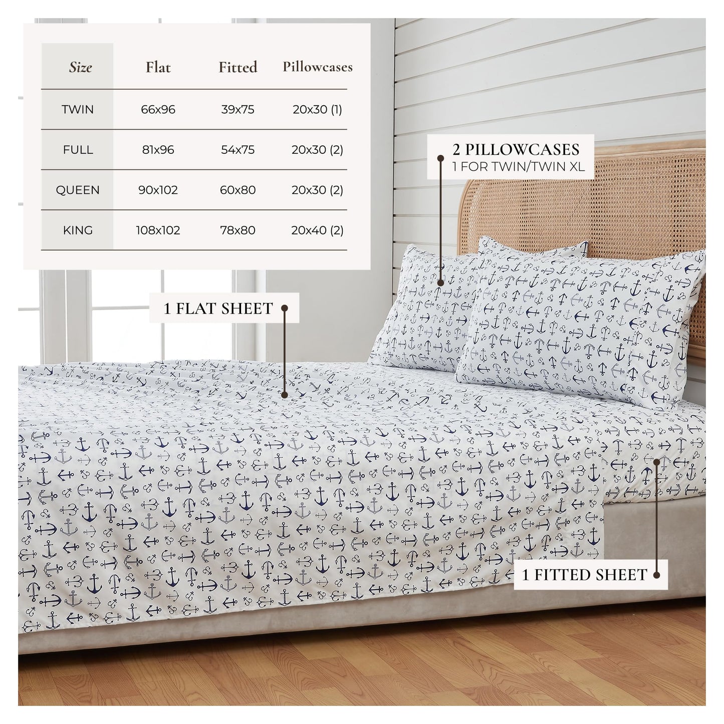 Great Bay Home King Coastal Microfiber Sheet Set - 4-Piece Nautical-Printed, Ultra-Soft Sheets - Beach-Themed Bedding Sheets & Pillowcases (Anchor)
