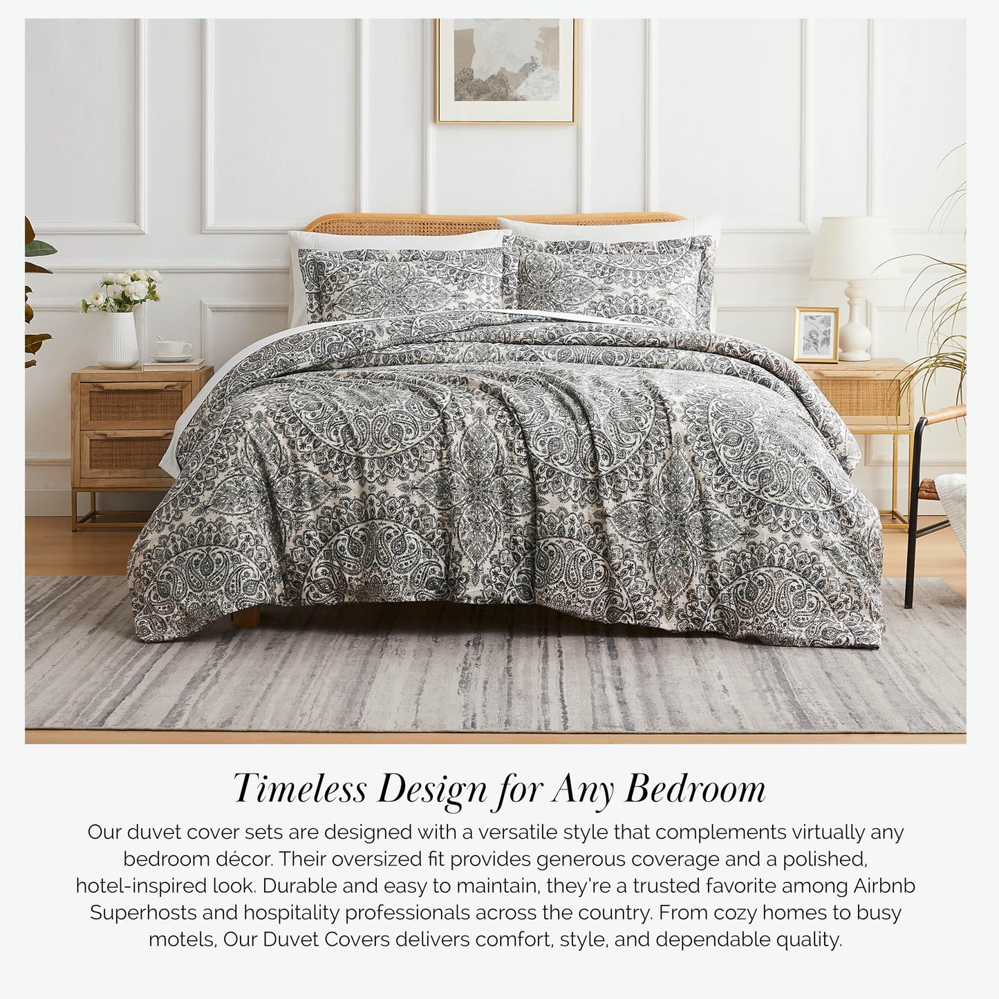 Southshore Fine Living, Inc. Oversized King Duvet Cover Paisley Set – Boho Duvet Cover Cal King with 2 Shams, Zipper Closure, Corner Ties, Easy Care Microfiber, Neutral Bohemian Bedding – Ashanti Grey