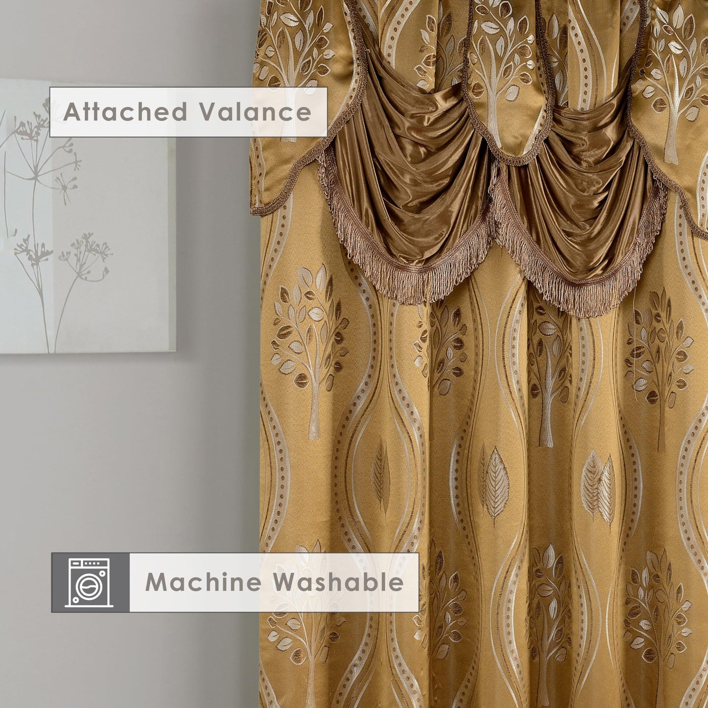 Elegant Comfort Aurora Jacquard Look Curtain Panel Set with Attached Valance 54" X 84 inch (Set of 2), Taupe
