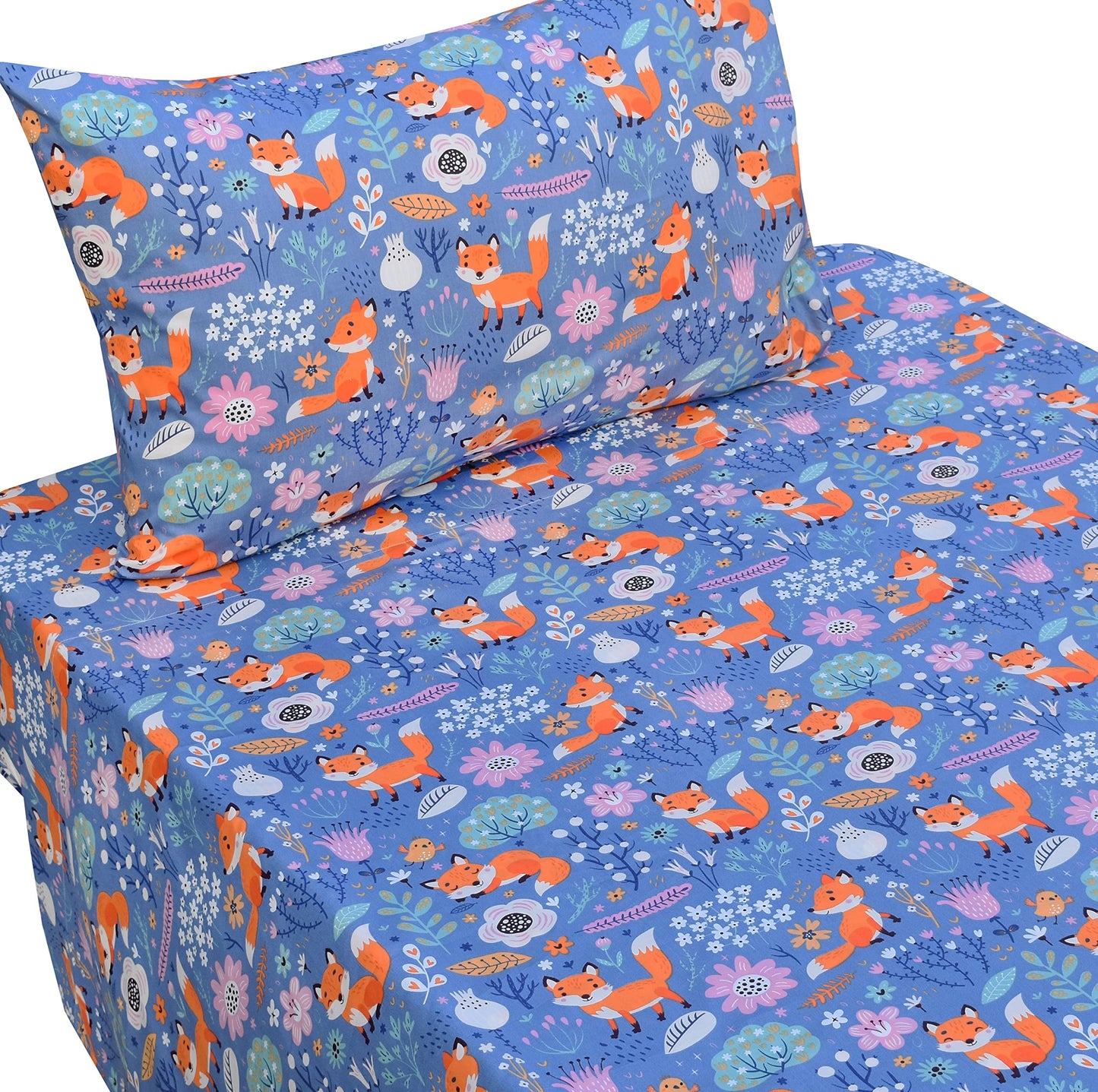 J-pinno Fox Birds Play in Flowers Bloom Tree Forest Twin 100% Cotton 3 Pieces Sheet Set for Kids Girls Children,Flat Sheet + Fitted Sheet + Pillowcase Bedding Decoration Gift Set
