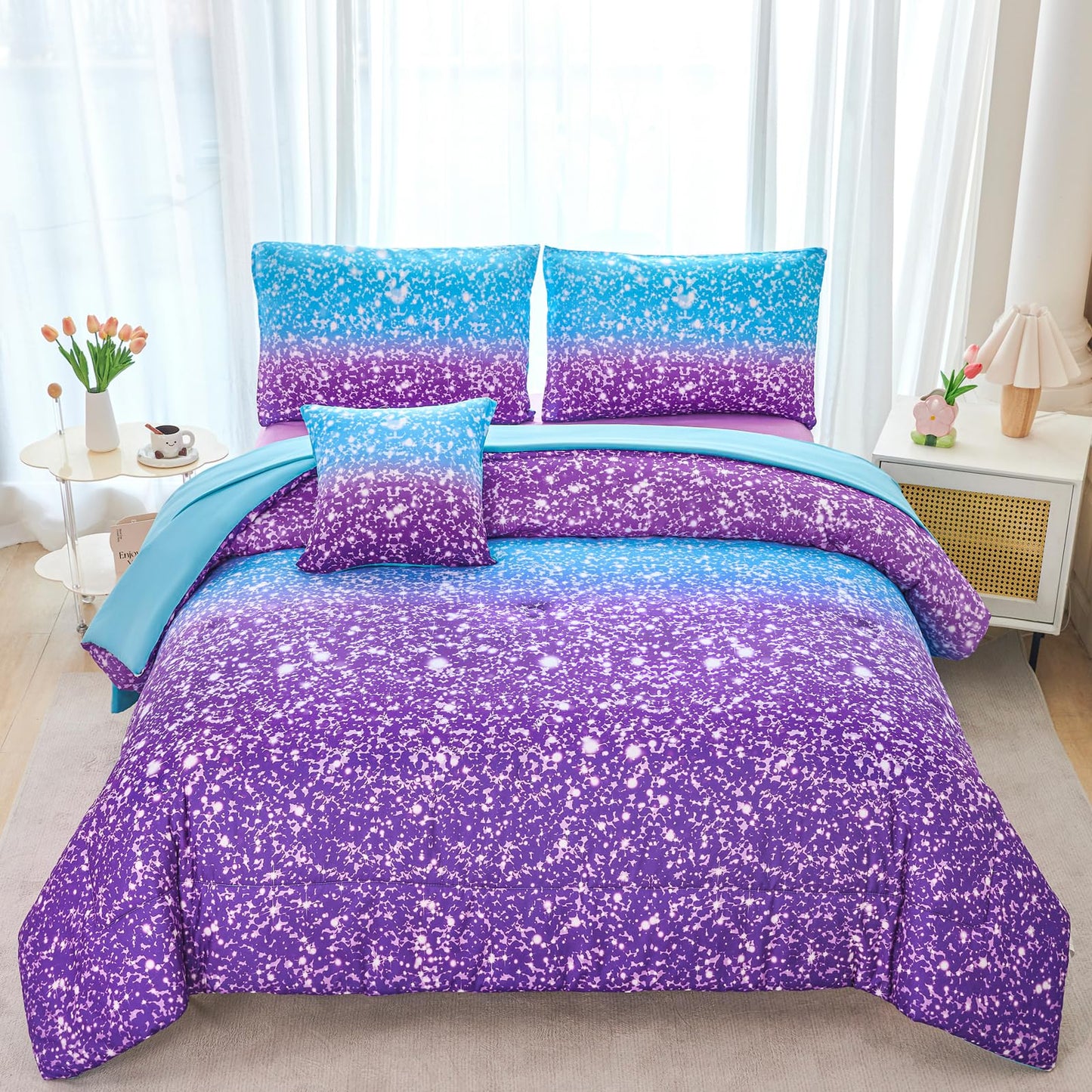 RYNGHIPY Blue Purple Girls Bedding Set 3D Colorful Galaxy Starry Comforter Sets for Girls Kids Twin Lightweight Soft Rainbow Bed in A Bag