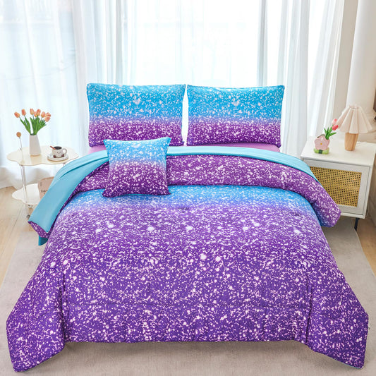 RYNGHIPY Blue Purple Girls Bedding Set 3D Colorful Galaxy Starry Comforter Sets for Girls Kids Twin Lightweight Soft Rainbow Bed in A Bag