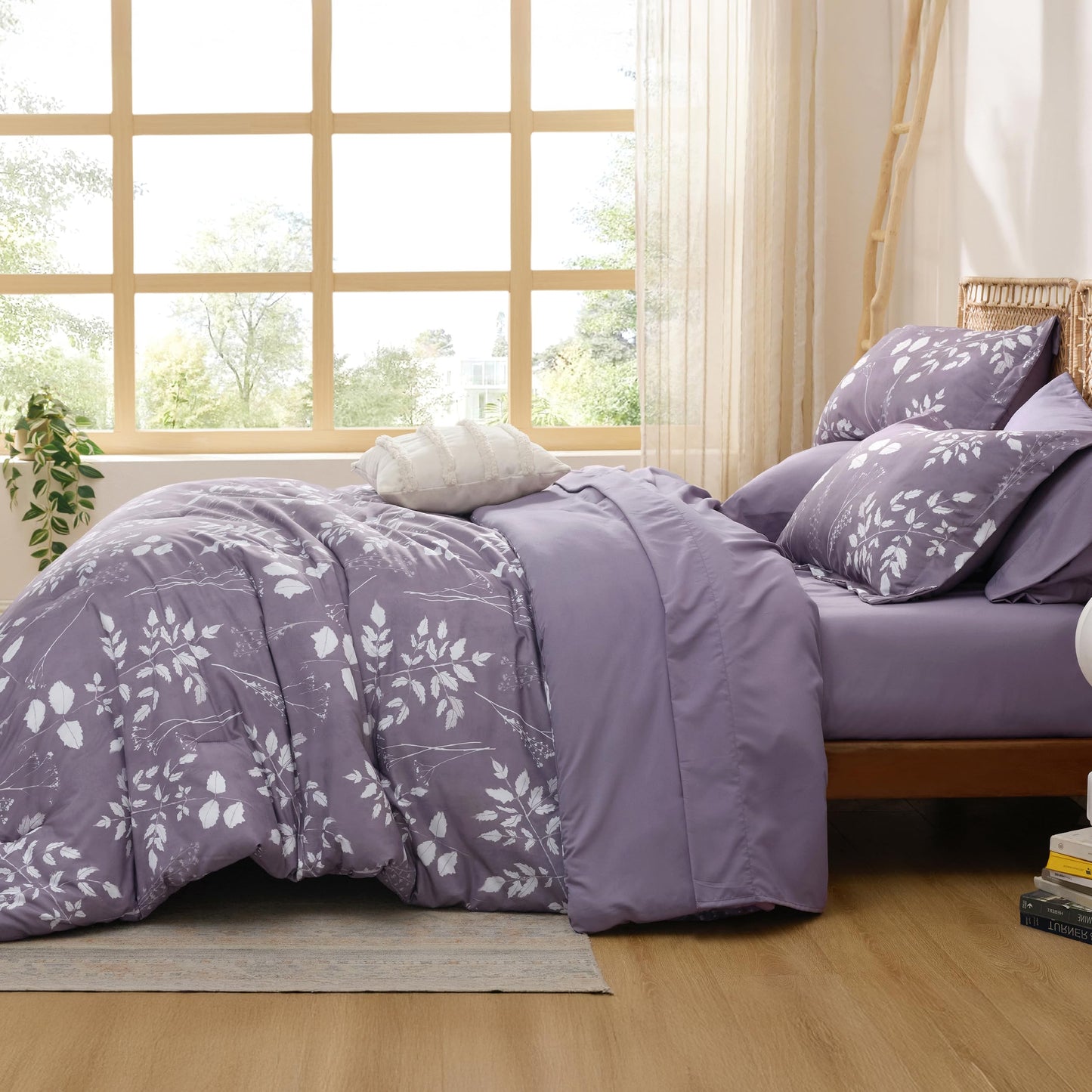 Bedsure Grayish Purple Queen Comforter Set - 7 Pieces Floral Bedding Sets Queen Bed in a Bag with Reversible Botanical Flowers Comforter, Sheets, Pillowcases & Shams