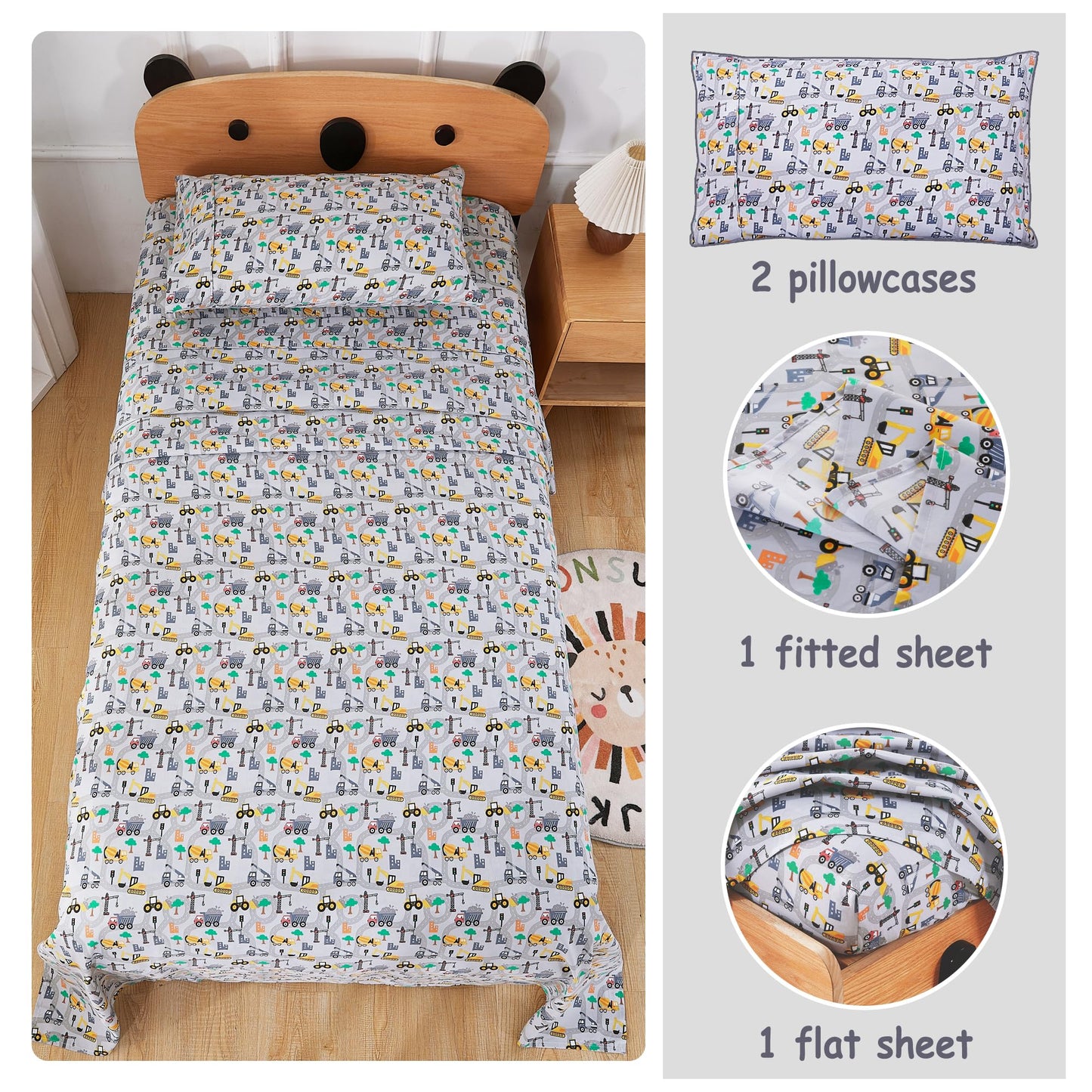 Softan Kids Bed Sheet Set, 4-Piece Full Size Sheets, Microfiber Fitted Sheet with 15 Inches Deep Pocket and Corner Straps, Breathable & Silky Soft Excavator Pattern Sheet and Pillowcase Sets
