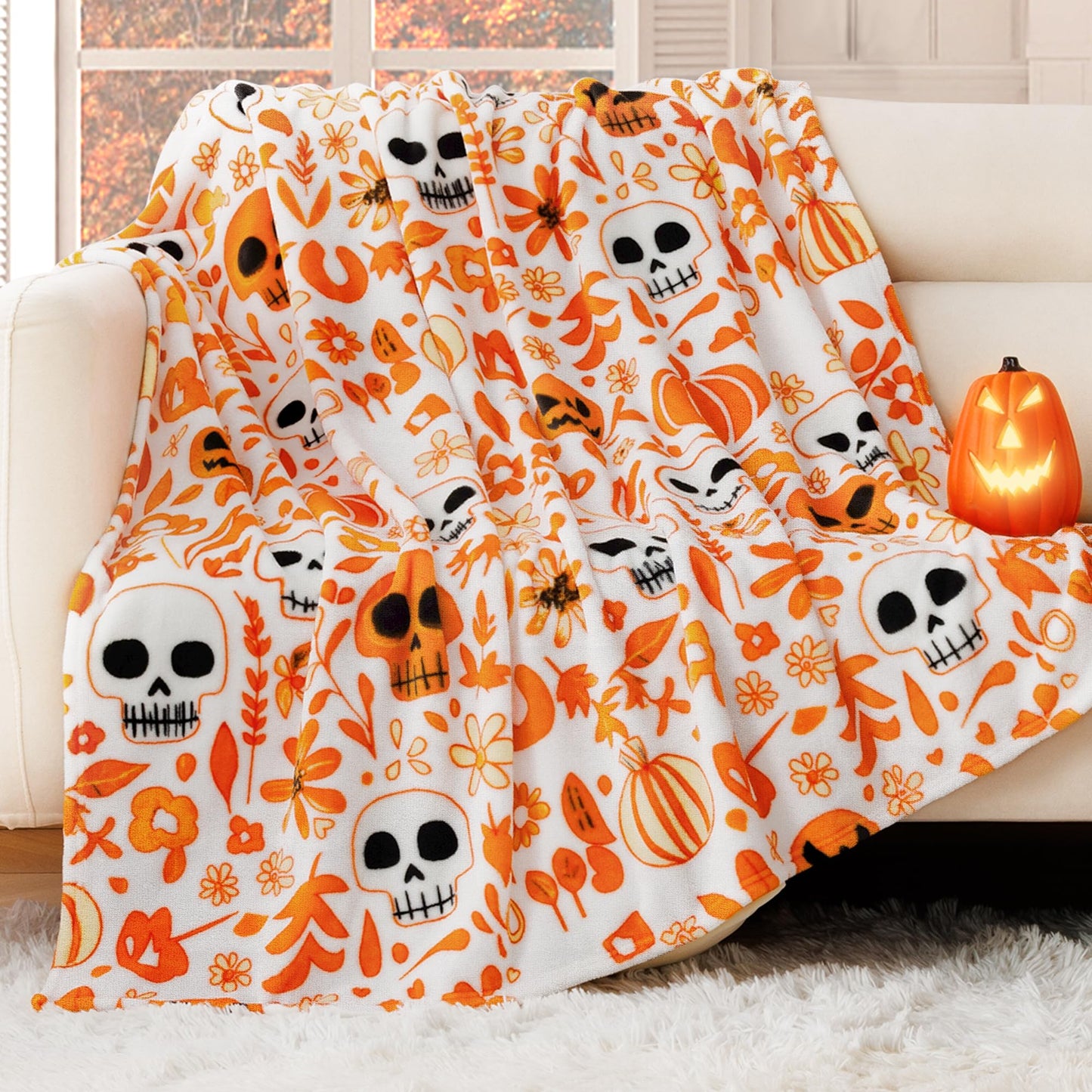 ROMROL Fall Blanket Halloween Throw Blanket, Ghost Blankets, Pumpkin, Fall Throw Blanket Autumn Harvest Plaid Blankets, Soft Fuzzy Plush for Couch Sofa, Flannel Blanket, Halloween Decor (50" x 60")