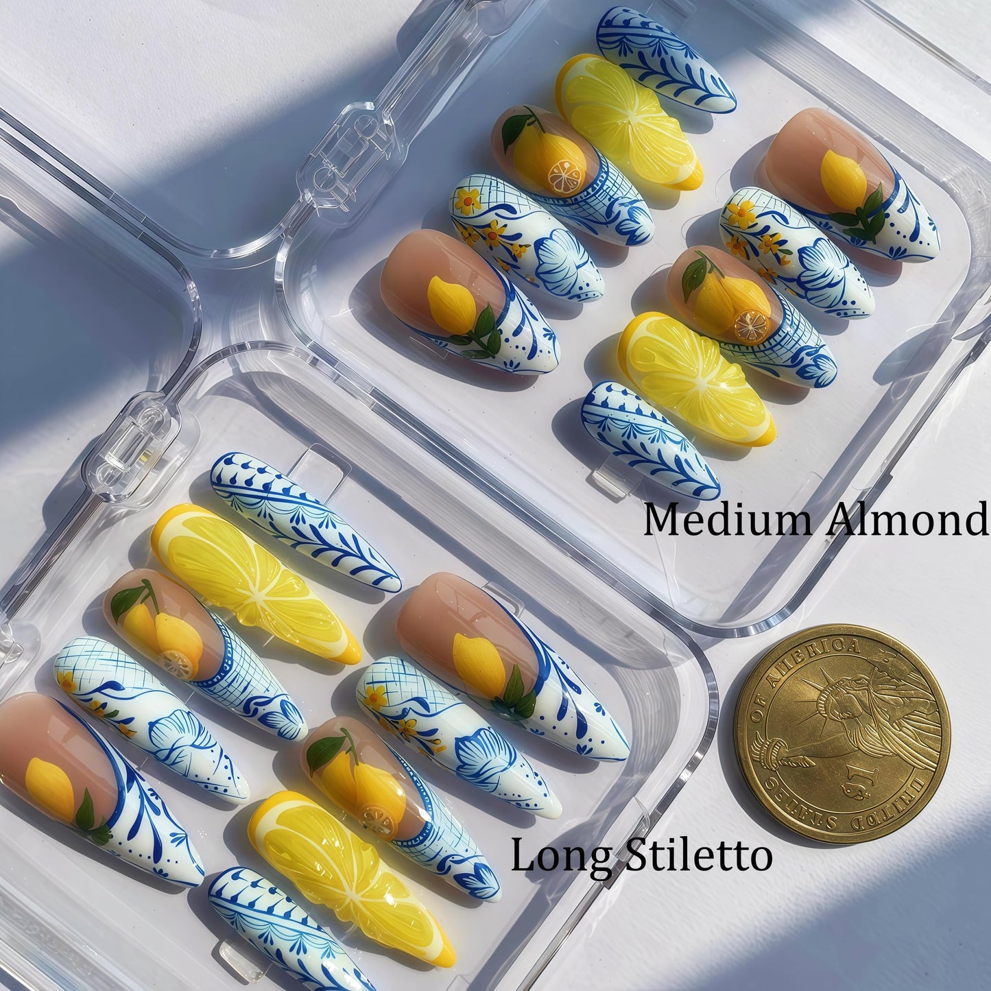 Handcrafted Press On Nails Italian Vacation Style Lemon & Blue Ceramic Pattern 100% Handmade Realistic Artistic Fake Nails With Adhesive Glue Tabs And Tool Gifts For Women (Lemon,Medium M)