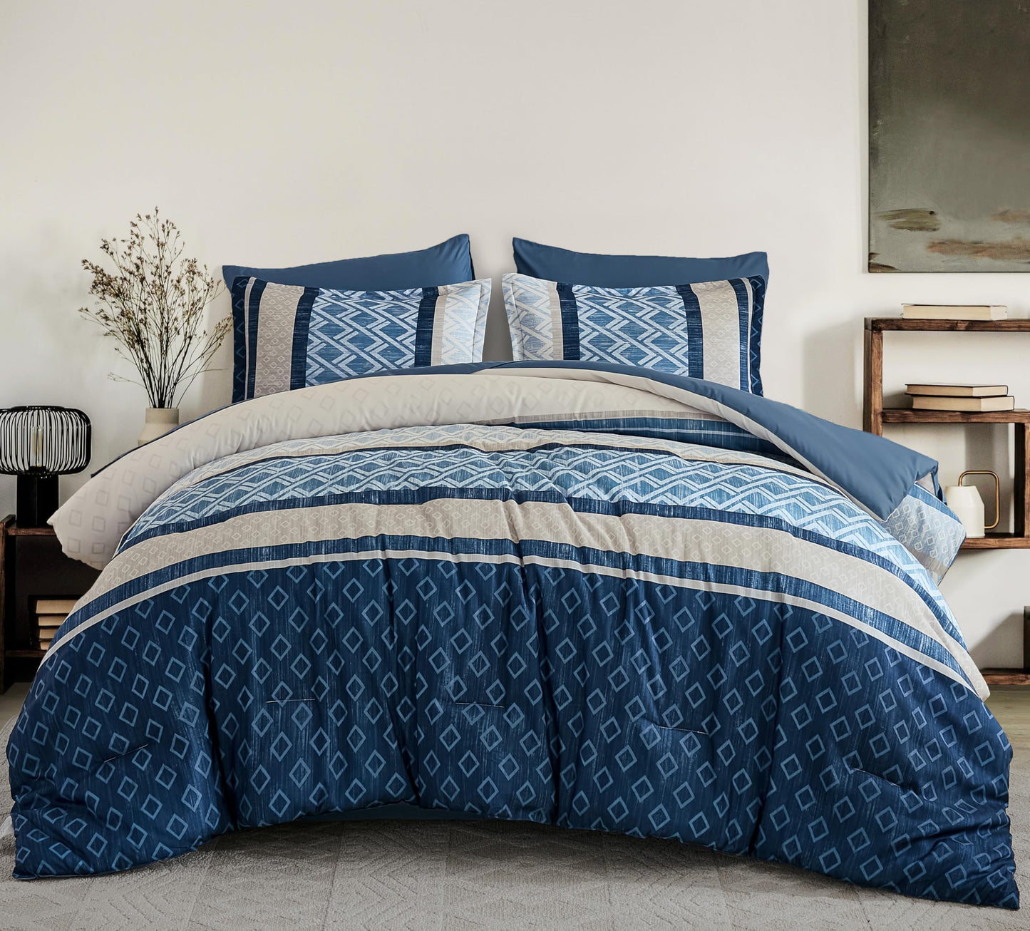 Cottolester Queen Comforter Set 7 Pieces Blue Boho Striped Bed in a Bag,Soft Microfiber Complete Bedding Sets