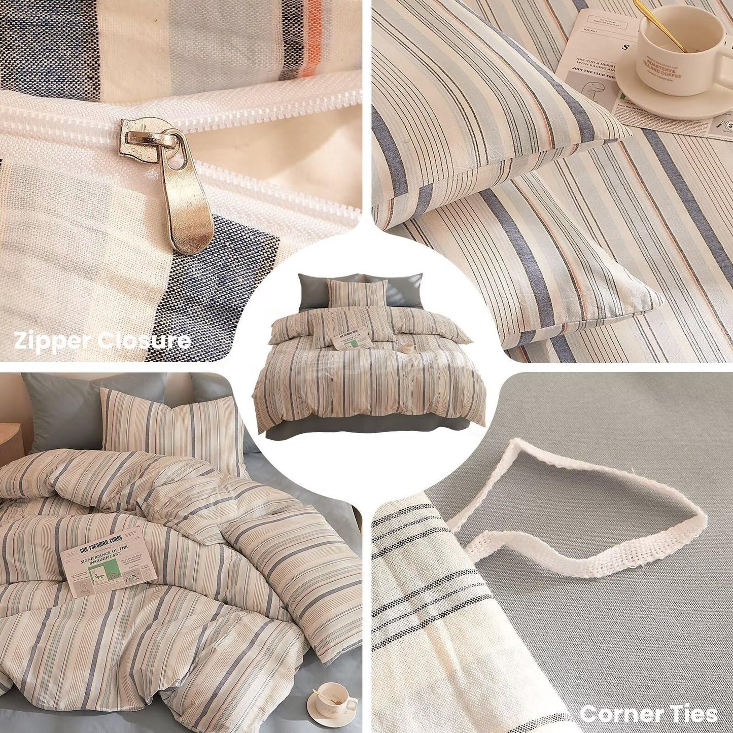 AMZTOP Soft 100 Cotton King Size Duvet Cover Set 3 Pcs,1 Duvet Cover and 2 Pillowcases,Chic Simple Blue Striped Design Bed Set,Zipper Closure Comforter Covers King Size 104"×90"