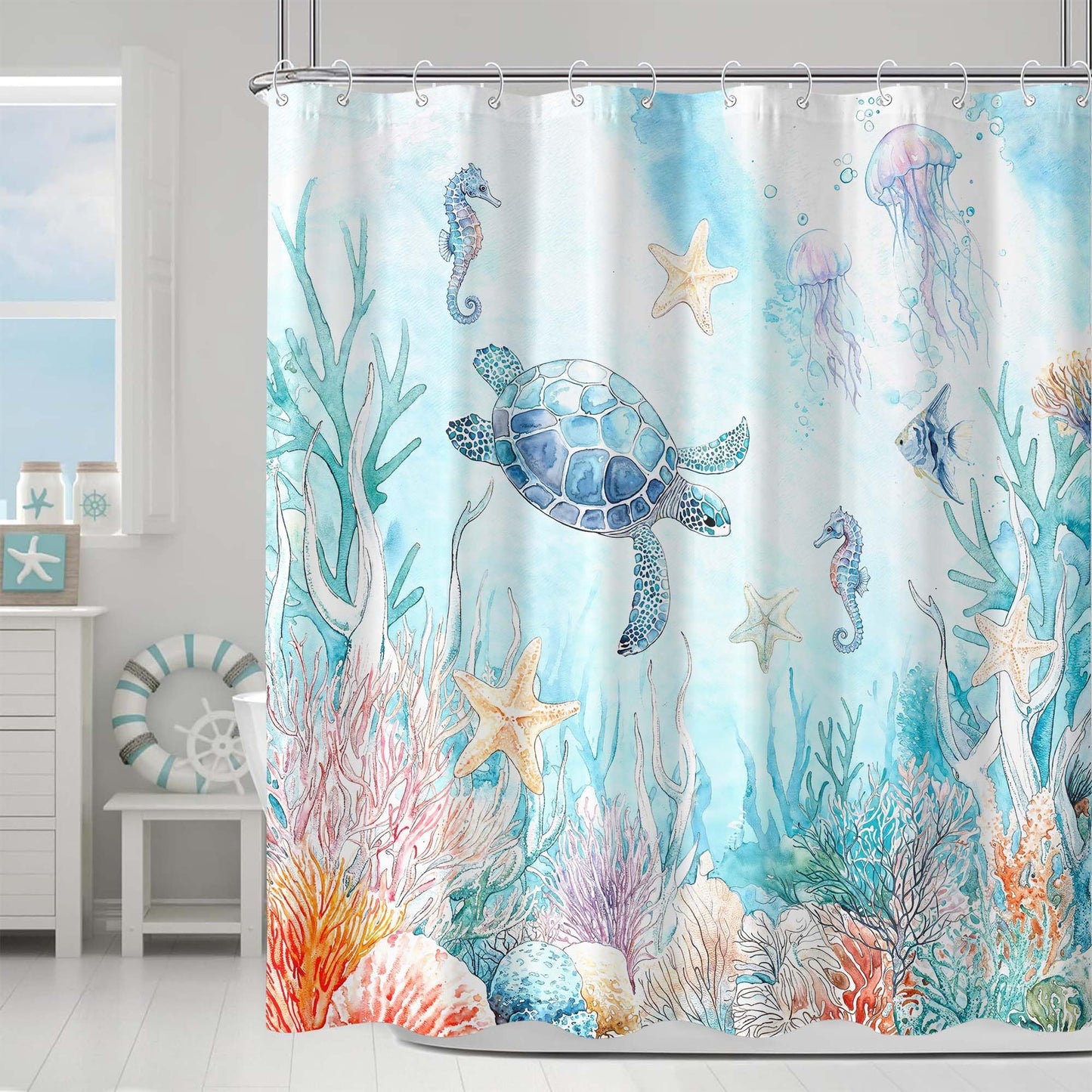 Sea Turtle Shower Curtain Sets Blue Turtles Coastal Shower Curtains for Bathroom Jellyfish Shell Coral Octopus Beach Ocean Style Aesthetics Decor Waterproof Fabric 72 x 72 inch with Hooks (Blue 9)