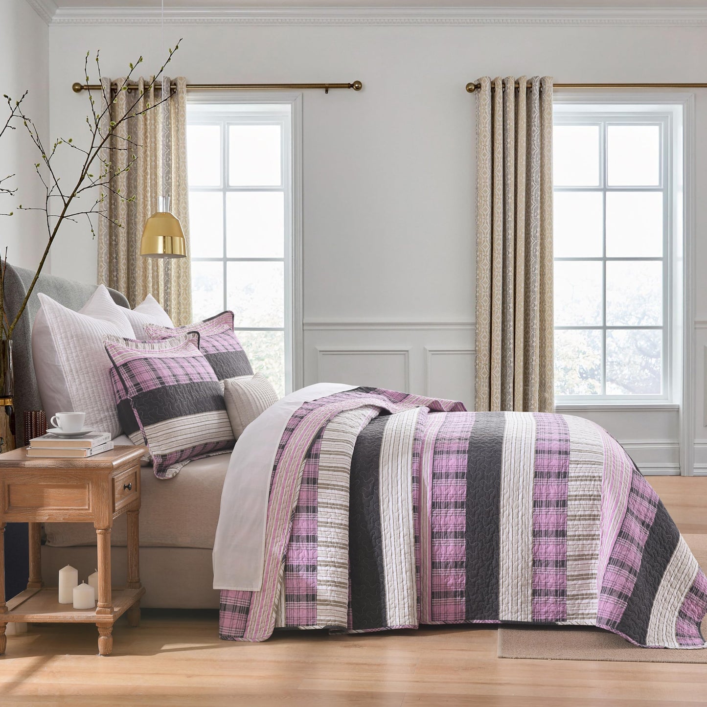 Homzard Queen Size Comforter Set，Cotton Plaid Striped Quilts Queen Size，Pink Black Bedding Bedspread Set，Lightweight Reversible Coverlet All Season 3 Pieces