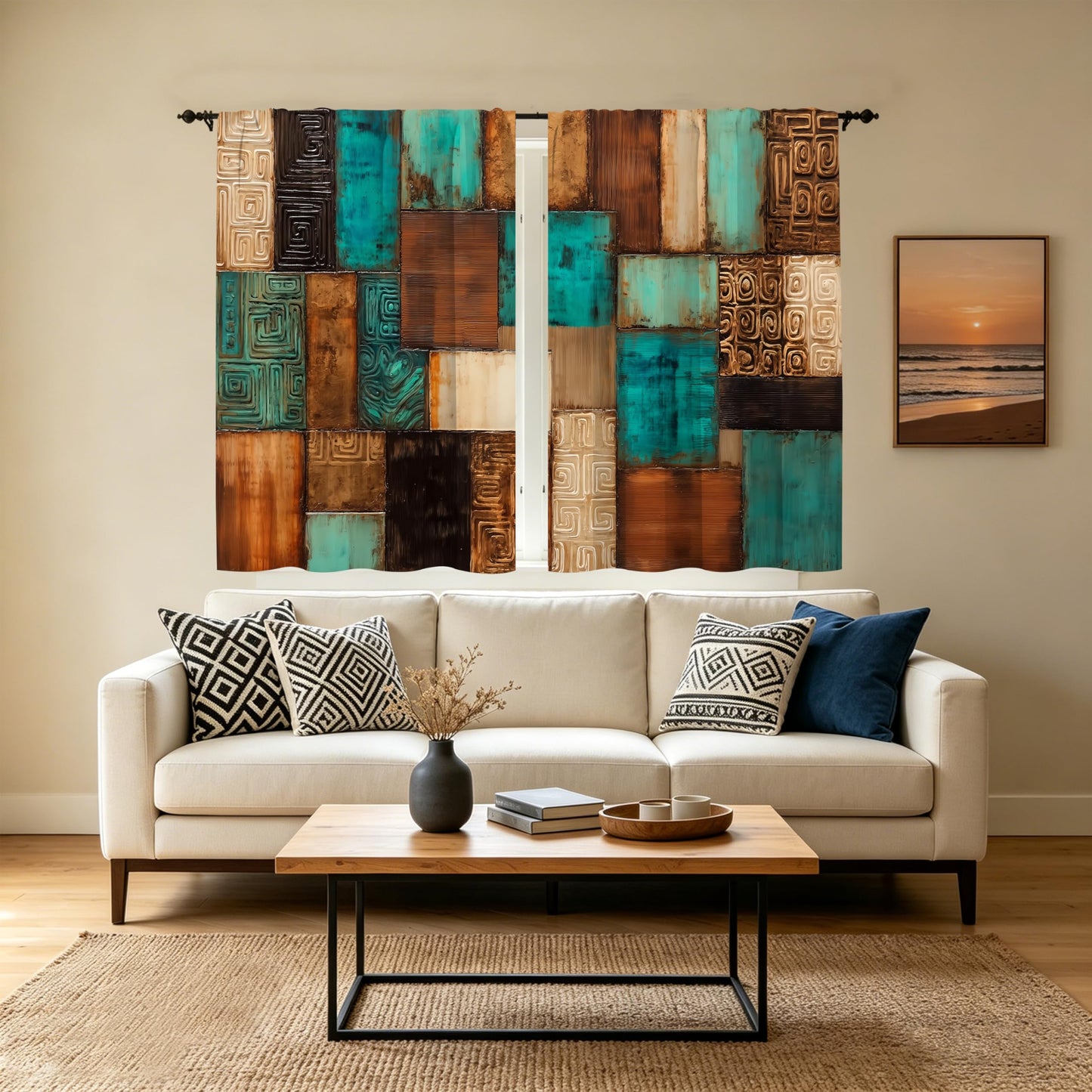 bassyil Vintage Geometric Teal Kitchen Curtains Cafe Curtains for Bathroom Dining Room Living Room Farmhouse Pocket Window Drapes 2 Panels Set Blackout Curtain 28"x36"