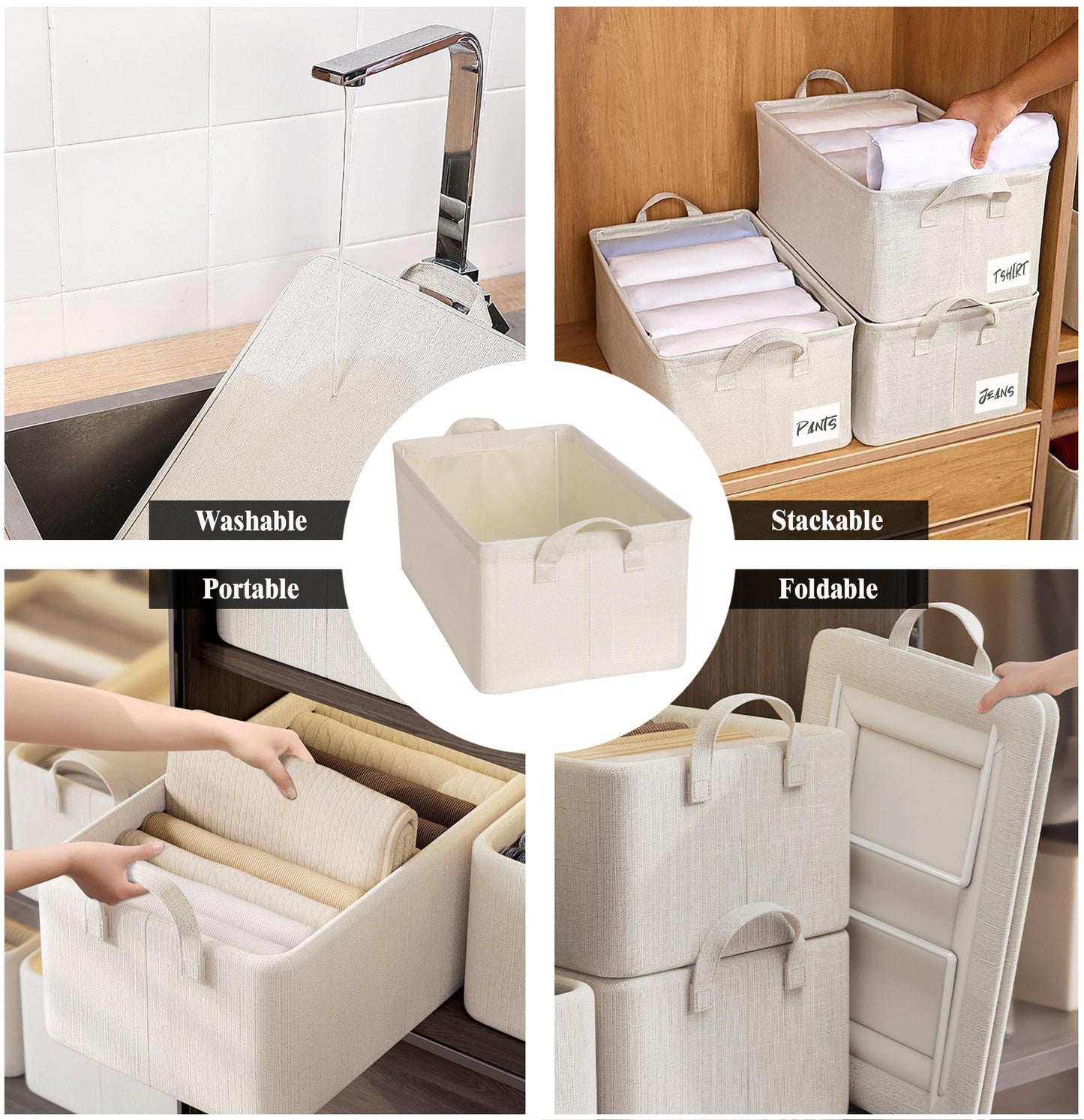 AARAINBOW 4 Pcs Closet Clothes Organizer with Handle, Fabric Storage Box with Steel Frame Stackable Shelf Storage Bins Foldable Fabric Storage Baskets for Organizing Sweater Pants, 23L (B 4 White)