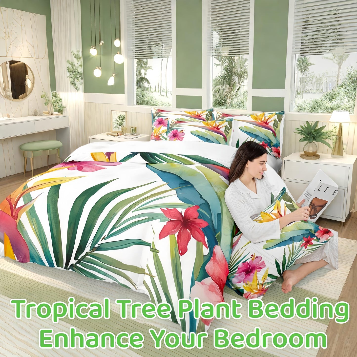 Tropical Tree Plant Duvet Cover Set Queen Size with Zipper Closure, Watercolor Red Hibiscus Flower Pattern Printed Comforter Cover,Palm Leaves Bedding Sets with 2 Pillow Cases,Soft,Green Pink