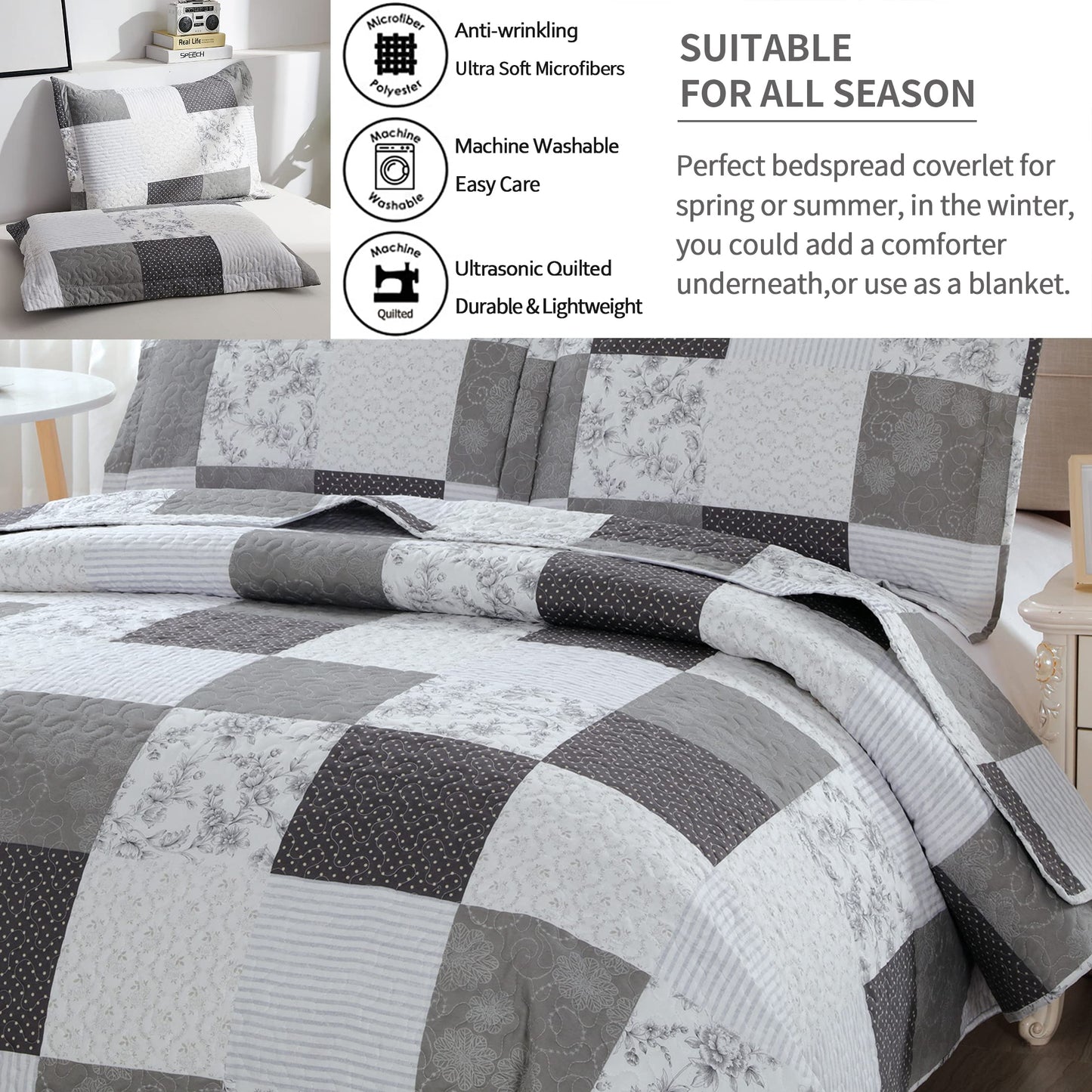 Morden Lightweight Queen Bedspread - Floral & Plaid Reversible Quilt Set - Grey & Black White Paisley & Floral Pattern