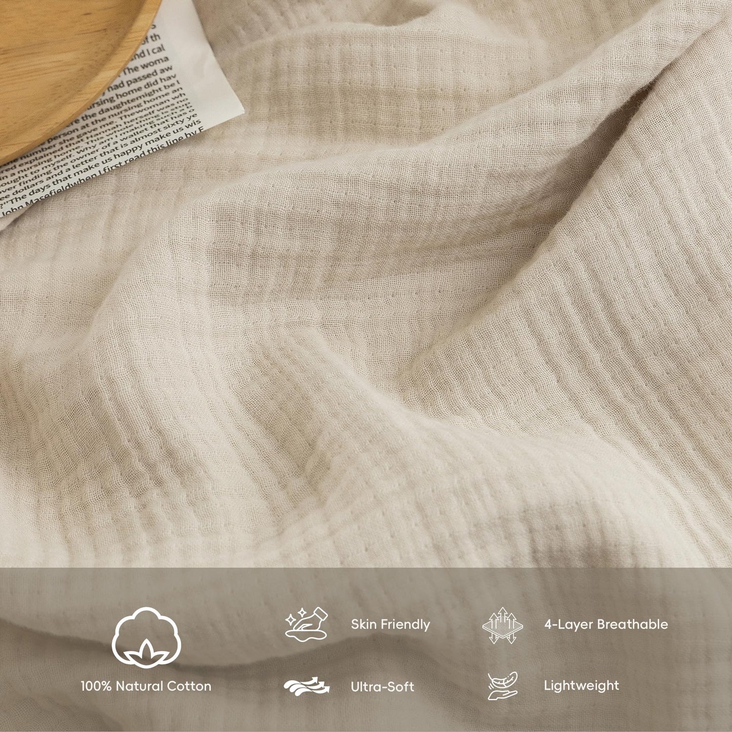 FOSSA Muslin Blanket with Fringe - 4-Layer 100% Cotton Gauze Super Soft & Breathable Throw -Lightweight Decorative Cooling Blanket for Bed, Sofa, Office (Beige, Throw (60" × 50"))