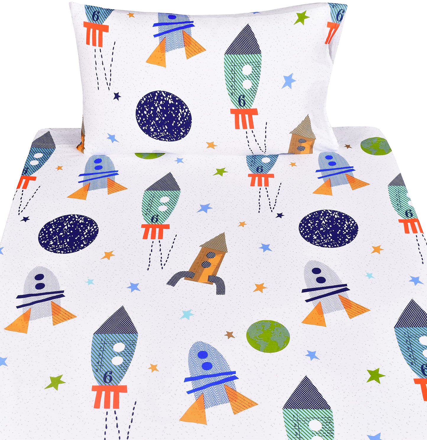 Scientific Sleep Outer Space Airship Rocket Star Explore Teen Boys Girls Cotton Cotton Full Bed Sheet Set, Flat Sheet & Fitted Sheet & Pillowcase Bedding Set (Space, Full)