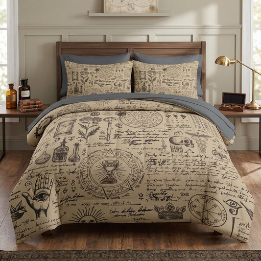 Nesker 7 Pcs Comforter Set Queen Size, Medieval Retro Vintage Bedding Set for Kids and Adults, Science Sun Skull Sheets Bed Sheet Sets with Fitted Sheet 2 Pillowcases & 2 Shams