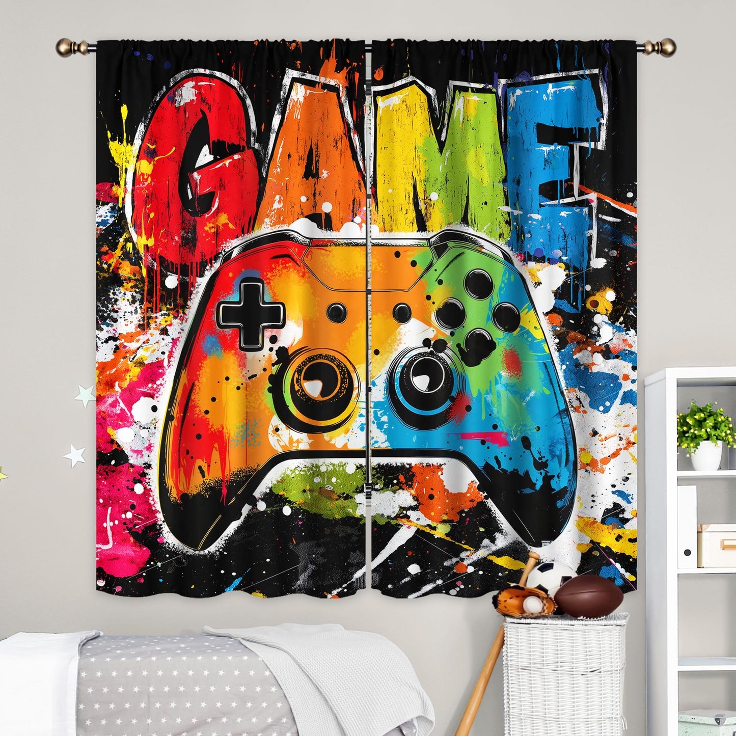 LIGHTINHOME Gaming Curtains 42Wx63H Inch Video Game Graffiti Kids Controller Gamepad Cool Gamer Rod Pocket Boys Bedroom Living Room Window Drapes Treatment Fabric 2 Panels