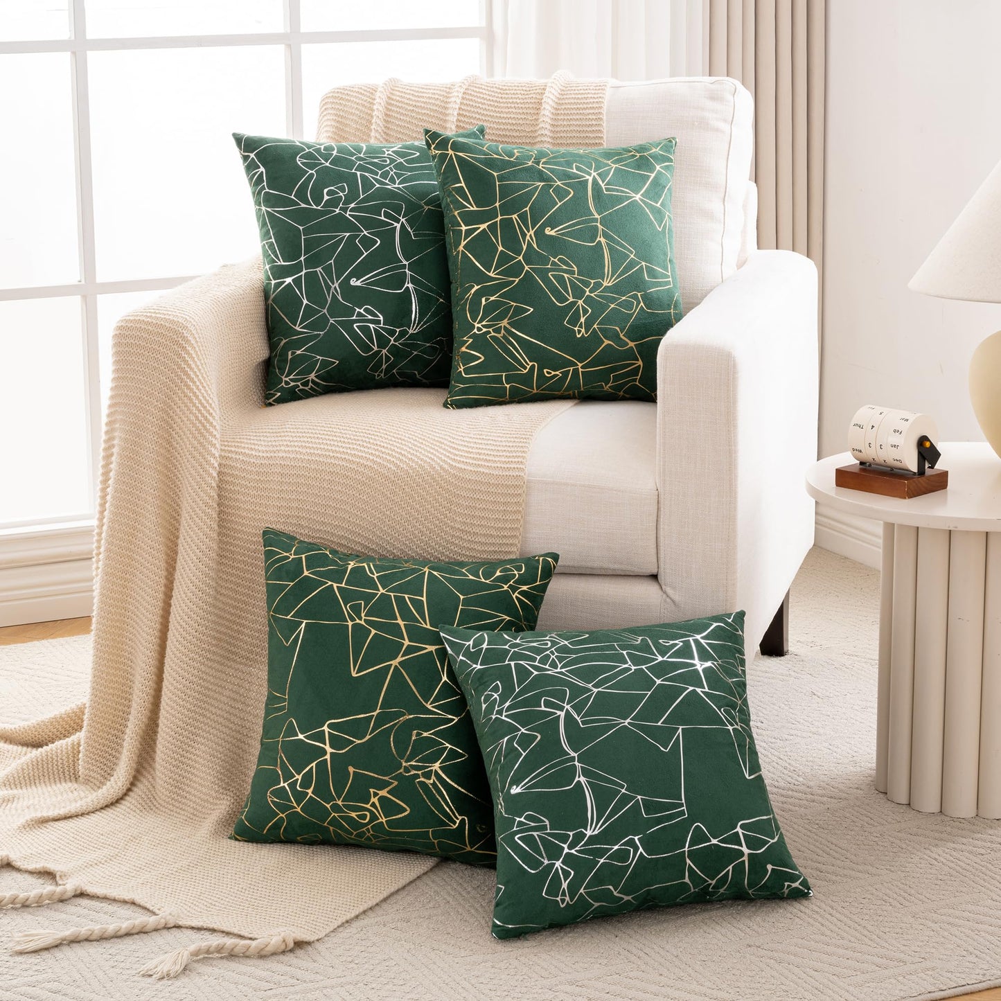 JELLYMONI Pillow Covers Set of 2, 18 x 18 inch Glitter Decorative Pillow Shams Green with Gold Streaks, Soft Pillowcases Home Decor for Sofa Couch Bed (Gold Dark Green)