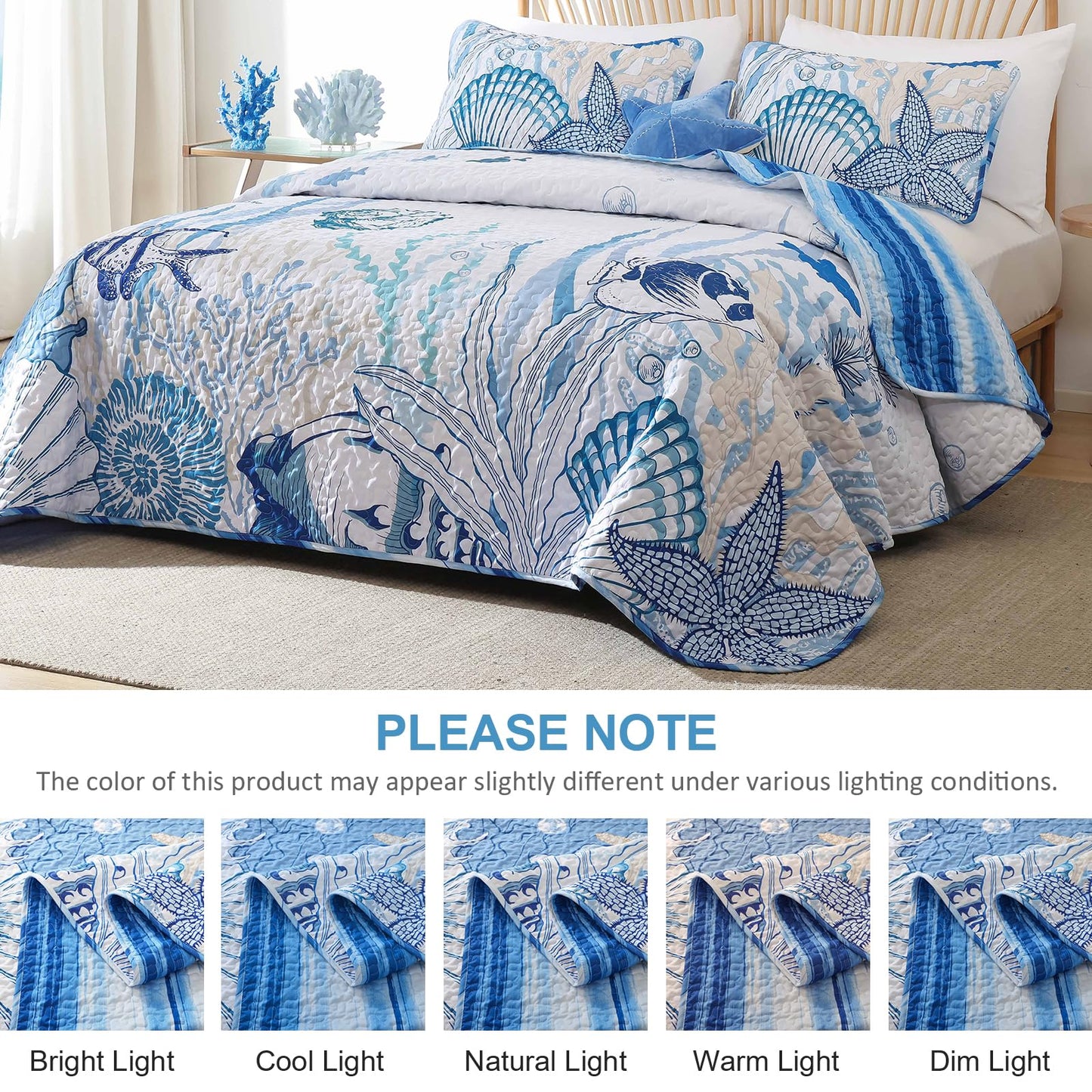 DJY Coastal King Size Quilt Set 3 Piece, Reversible Microfiber Ocean Quilt with 2 Shams Nautical Bedding Set Beach Bedspread Coverlet Summer Lightweight Comforter Set for All Season, 110"x90"