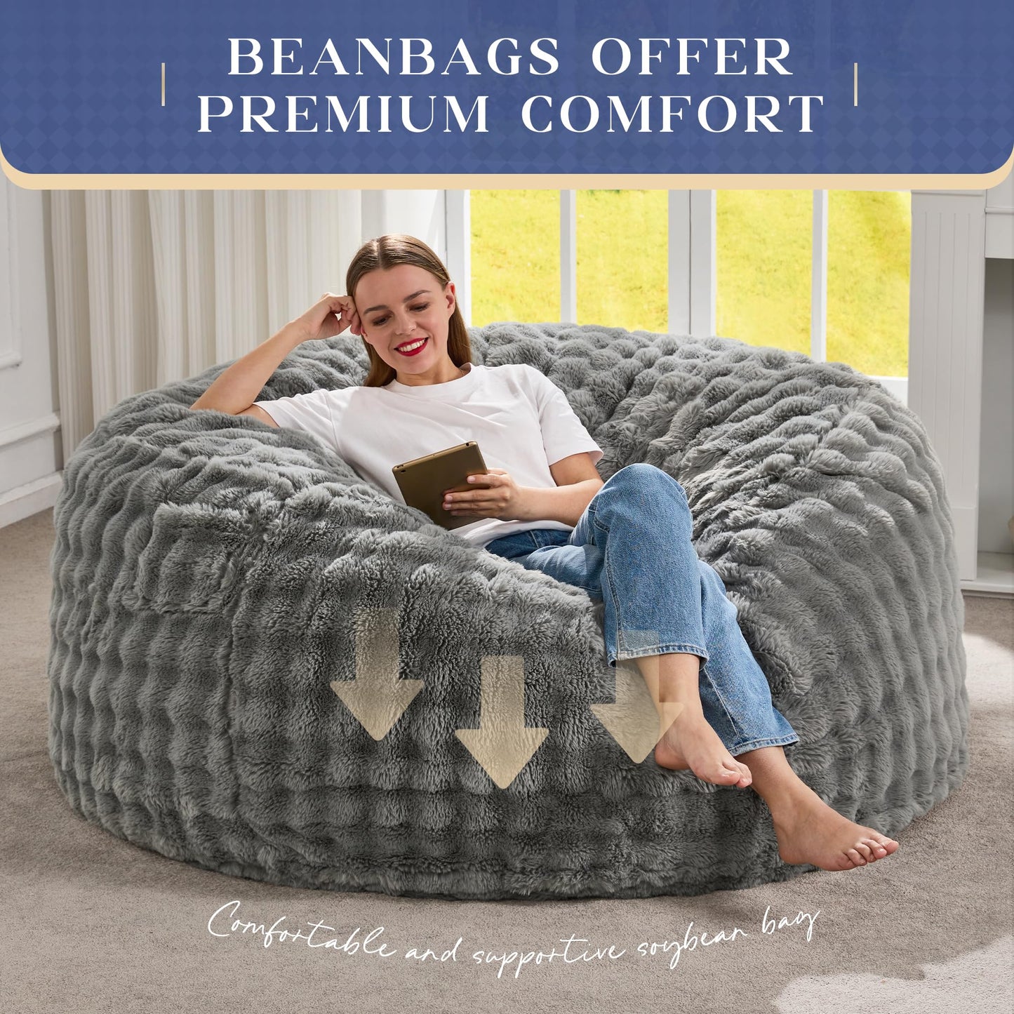 Hobestluk Bean Bag Chairs Beanbag Chair with Filler Adult Bean Bags with Fluffy & Machine Washable Cover, Giant Bean Bag Chairs for Aduts (Grey, 5FT-50" x 50" x 24")