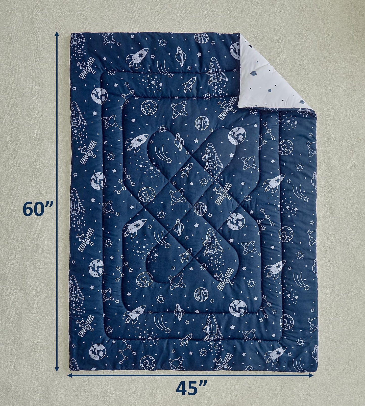 DuShow Navy Blue Toddler Bedding Set for Boys,4 Pieces Space Crib Bed Sheets Set,Soft Toddler Comforter Set in a Bag, Includes Quilted Comforter, Flat Top Sheet, Fitted Sheet, Envelope Pillow Case