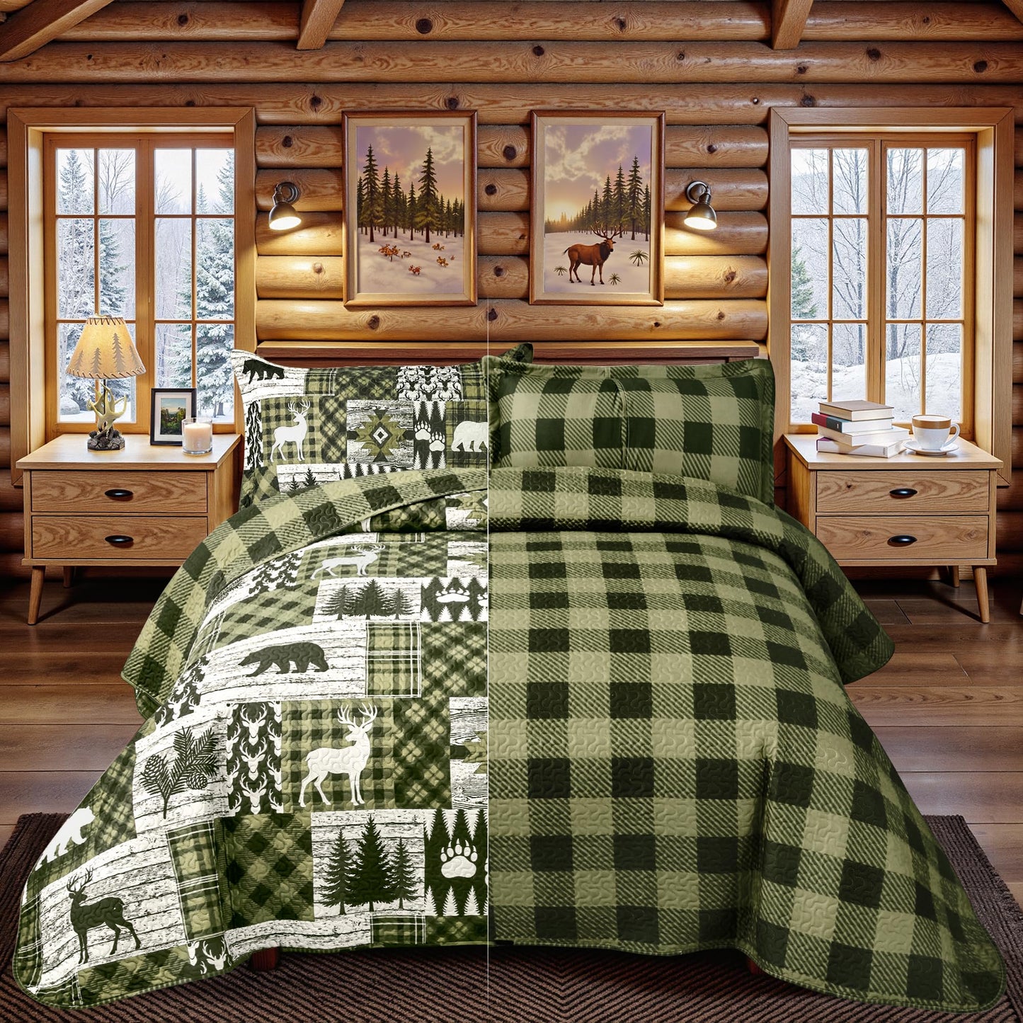 3 Piece Cabin Full/Queen Quilt Sets Farmhouse Rustic Reversible Microfiber Soft Lightweight Bedspread Comforter with 2 Shams Patchwork Country Lodge Bedding Quilts Set for All Season, 90''x96'', Green