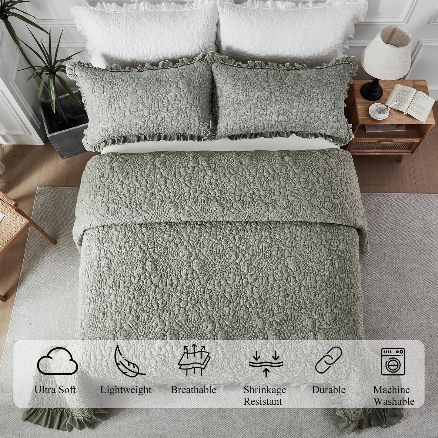 WINLIFE Khaki Ruffled Quilt Set 3pcs Queen 90''x98'' - Stone Washed Microfiber Crinkled Bedspread for All Season Farmhouse Style Lightweight Shabby Chic Coverlet Set with Pillow Shams