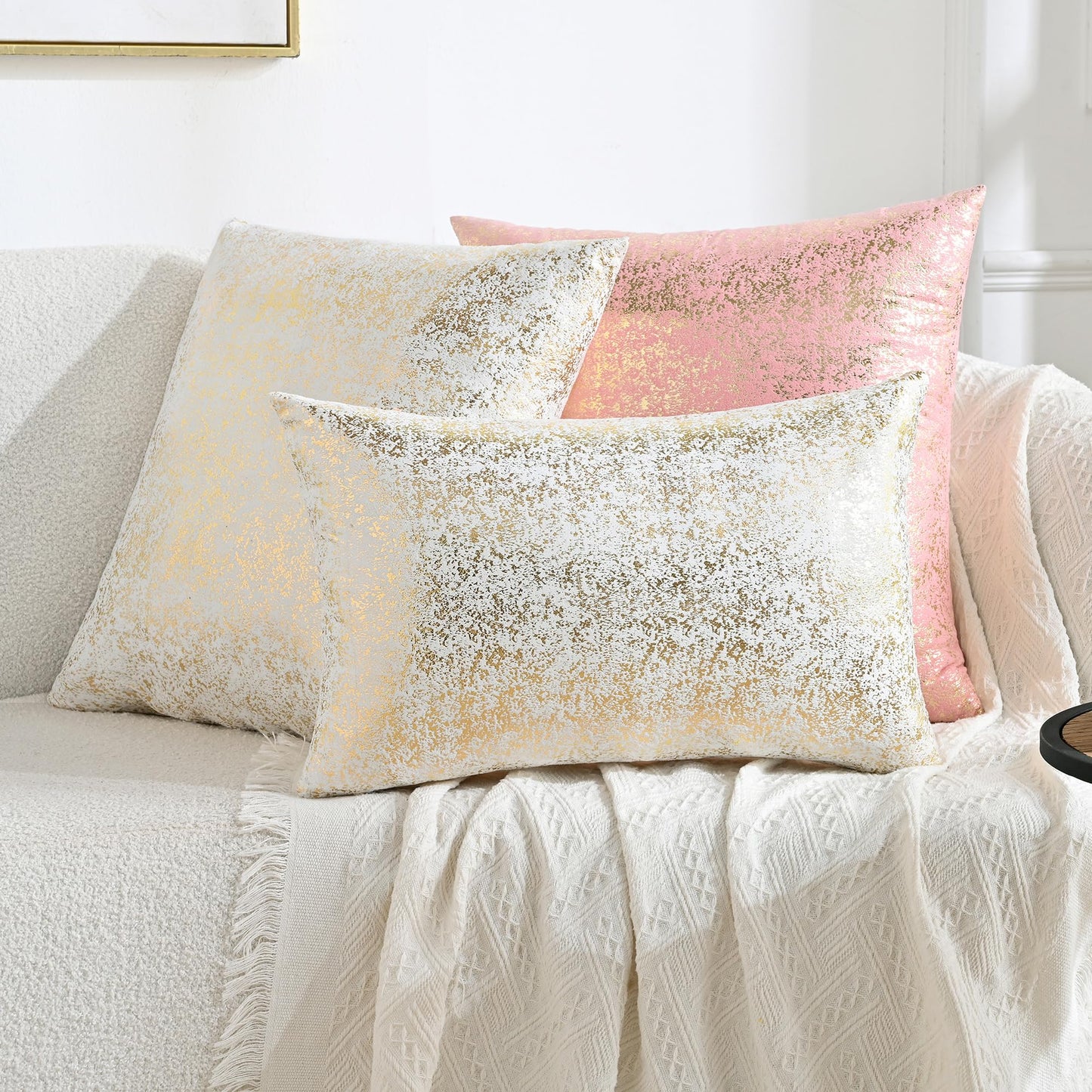 JELLYMONI Sparkling Decorative Pillow Covers Set of 2, Gold Glitter Throw Pillows Cover 18 x 18 Inch for Living Room Bed Sofa Couch, Morden Home Luxury Decor(18x18in,Gold White)