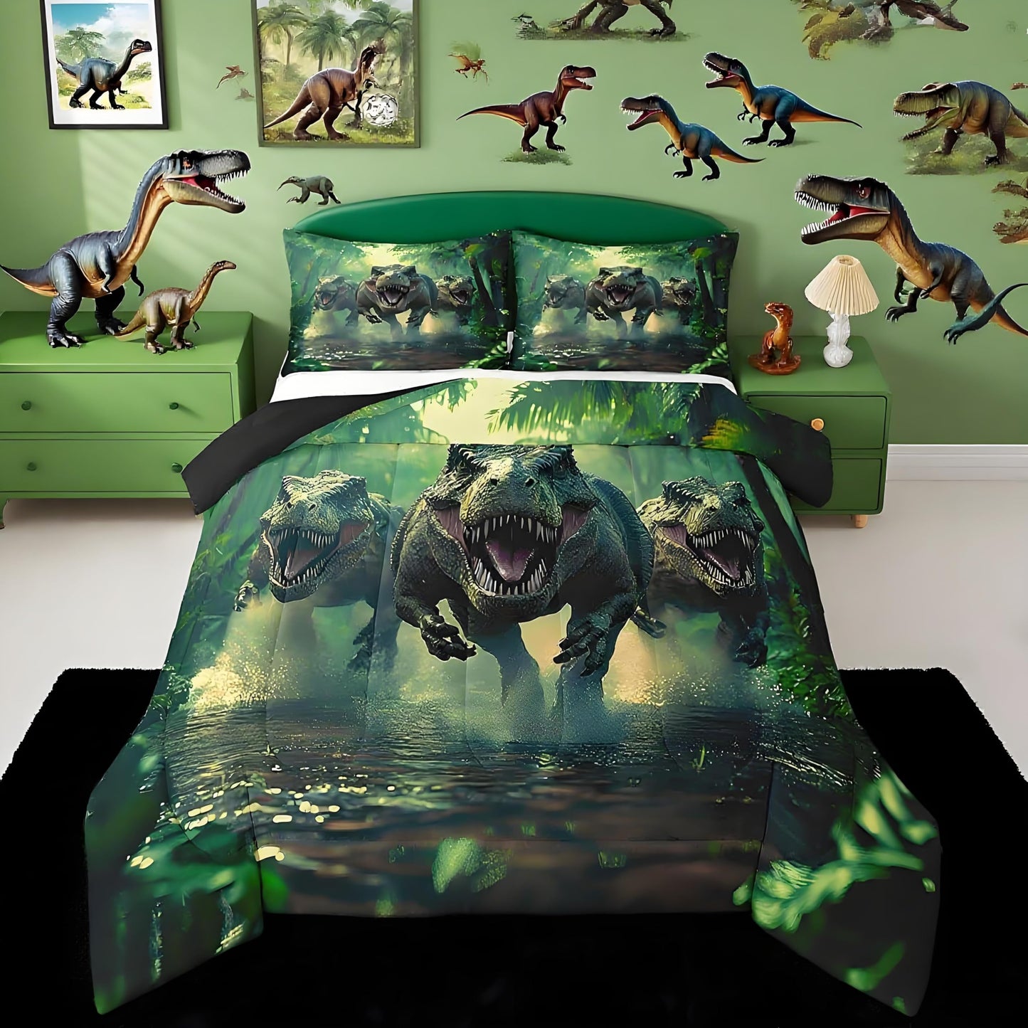 Feelyou Kids Dino Comforter Set Twin Size for Boys Green Dinosaur Bedding Soft Microfiber Dino Bed Set All Season Dinosaur Duvet Quilt with 1 Comforter + 1 Pillowcase
