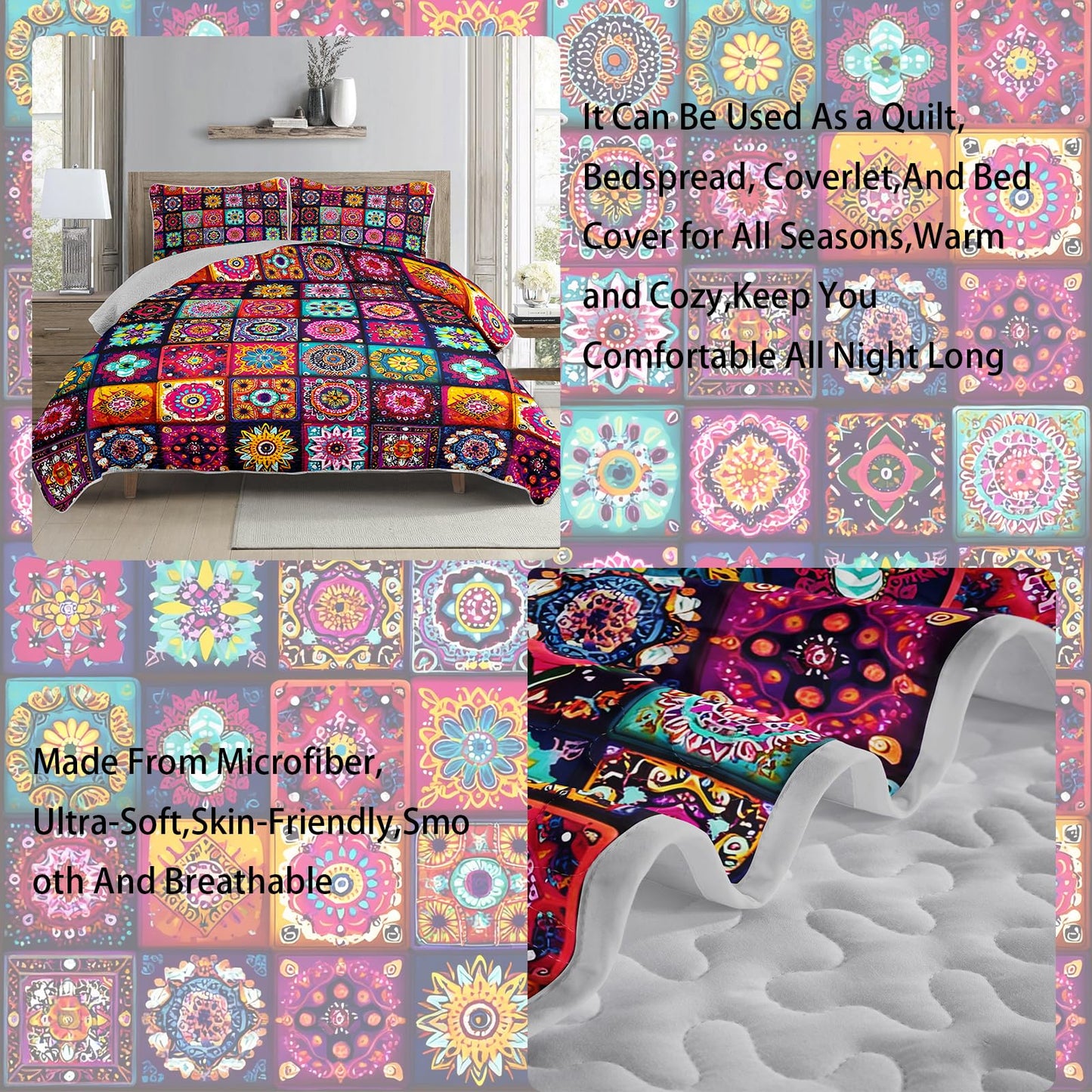 AILONEN Boho Floral Quilt Set Queen Size, Colorful Mandala Bohemian Ethnic Flower Bedspread Coverlet,Microfiber Bed Cover 3Pcs,2 Pillowcases