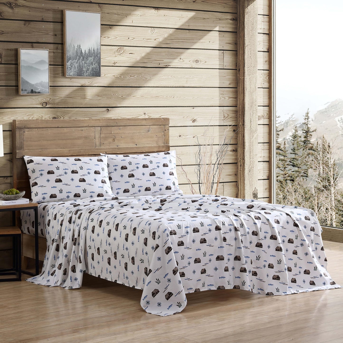Beatrice Home Fashions Cozy Cabin 3-Piece Twin Microfiber Bedding Sheet Set with Deep Pockets Rustic Patchwork Plaid Deer, Lake Day