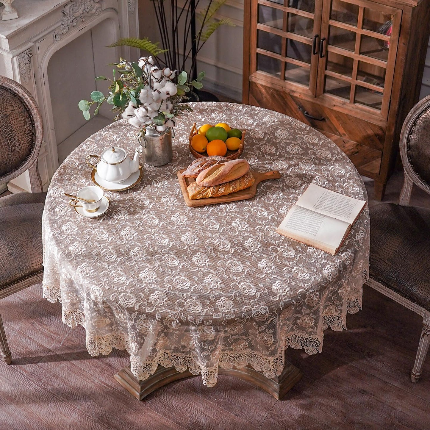 ARTABLE Rectangle Small Table Cloth Lace Macrame Vintage Tablecloth Shabby Chic Embroidered Oblong Table Cover for Wedding Banquet Holiday Long Dinner Tables (Golden, 70 Inch Round)