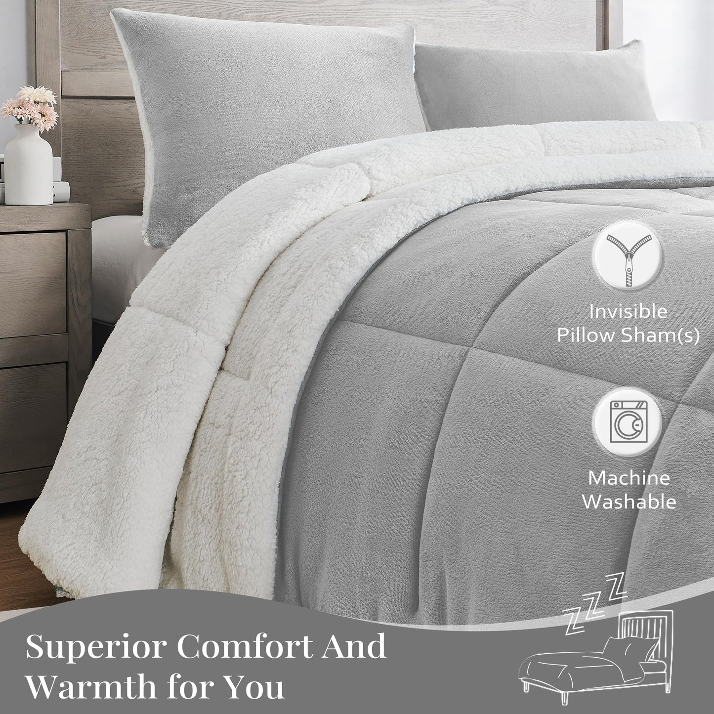 Basic Beyond King Size Comforter Set - Thick Fleece Sherpa Comforter Set for Winter, Soft and Fuzzy Bedding, Grey, 104"x88"