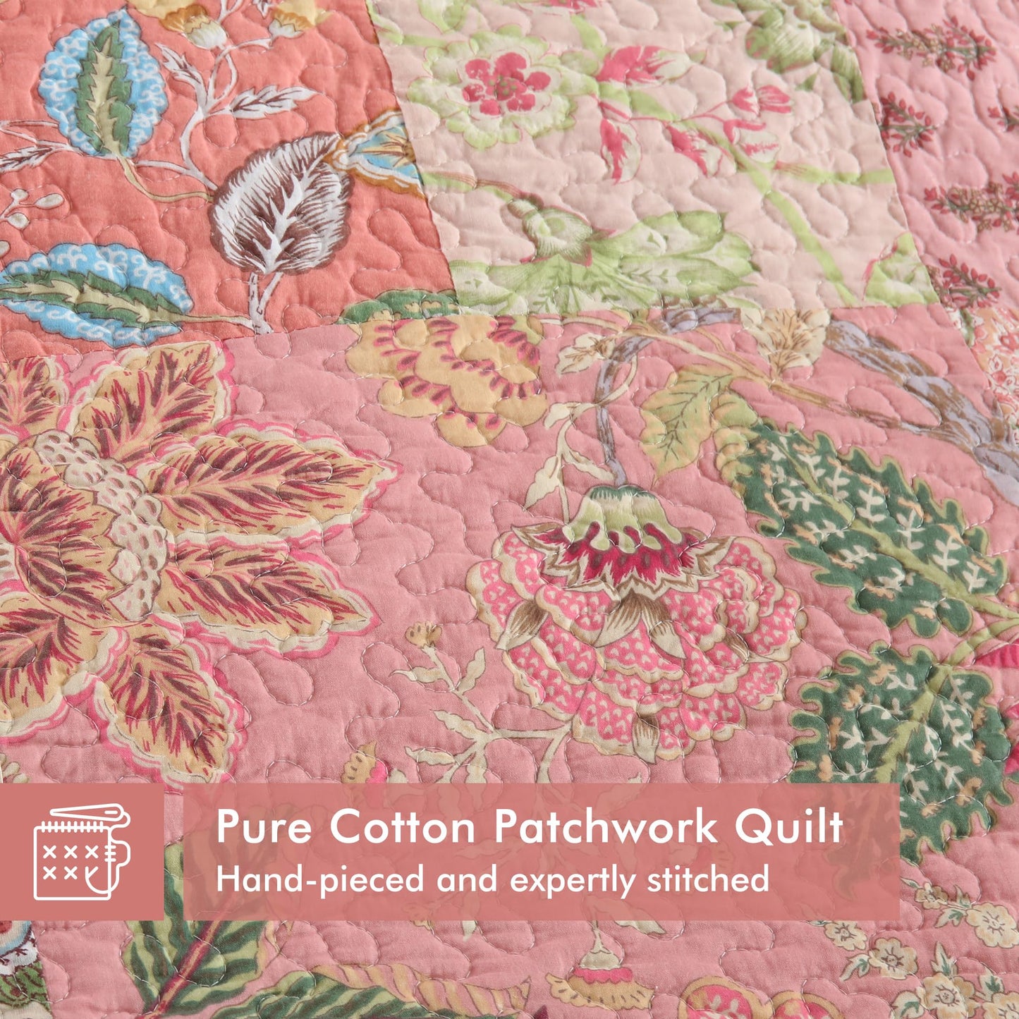 Etwel 100% Cotton Patchwork Queen Size Quilt Set - Lightweight Breathable Reversible Bedspread for Hot Sleepers, Farmhouse Bedding Set with 2 Pillow Shams for All Season (90"x90", Pink Floral)