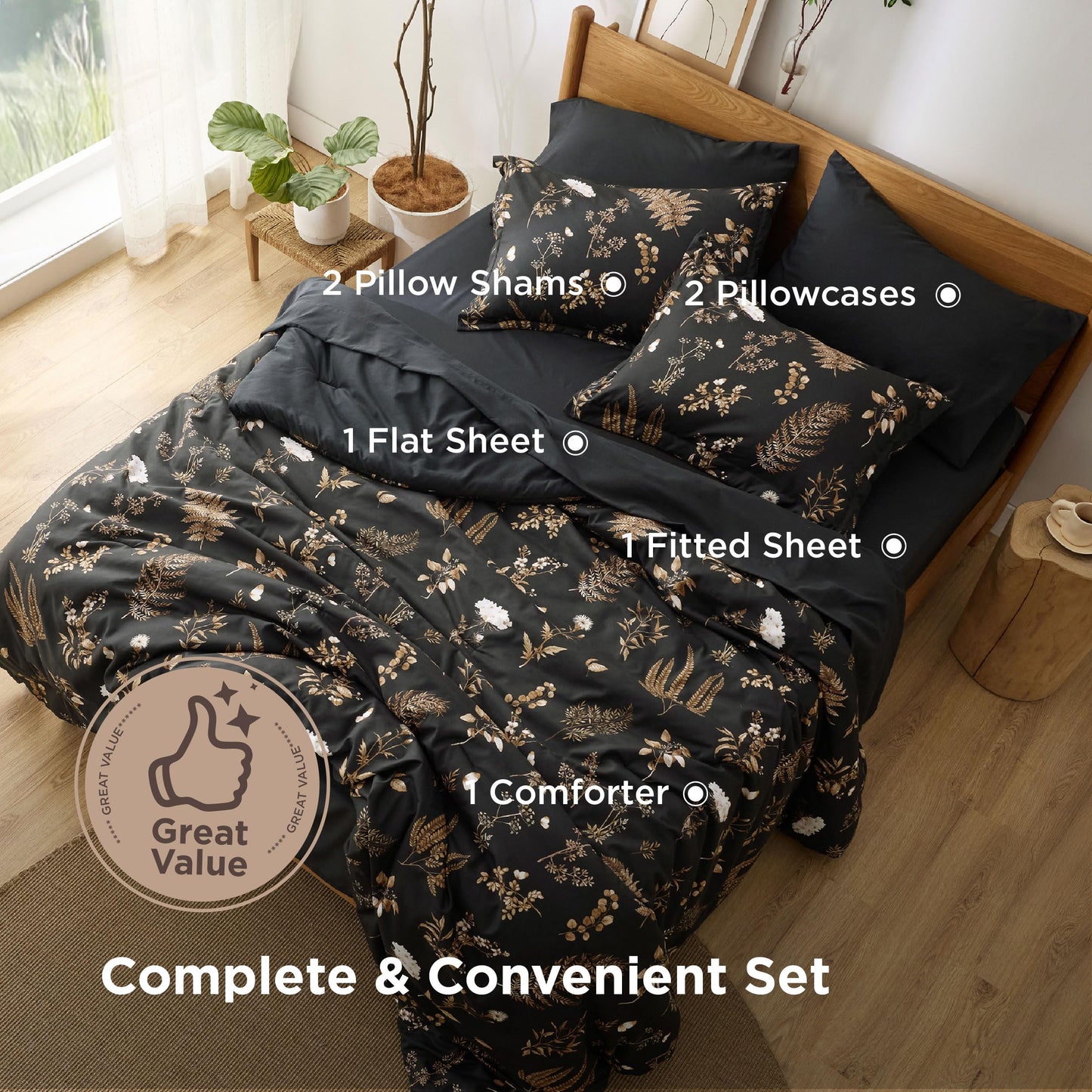 Bedsure Black Queen Comforter Set - 7 Pieces Floral Bedding Sets Queen Bed in a Bag with Reversible Botanical Flowers Comforter, Sheets, Pillowcases & Shams