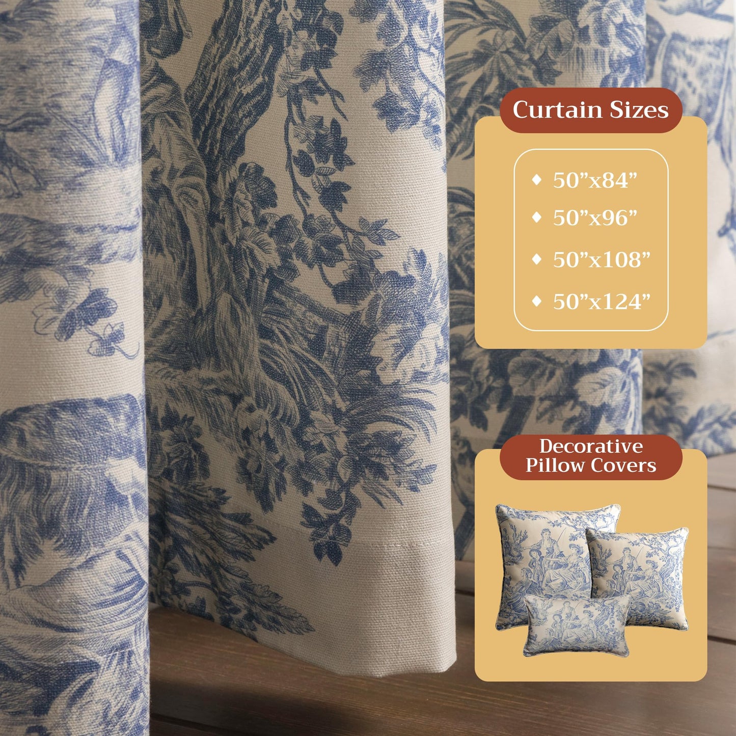 Maison d' Hermine Curtains for Living Room 100% Cotton 96 inch Length One Panel Light Filtering Toile Curtains for Bedroom Windows with Rod and Loop Pockets Drapes (The Miller Blue, 50" W x 96" L)
