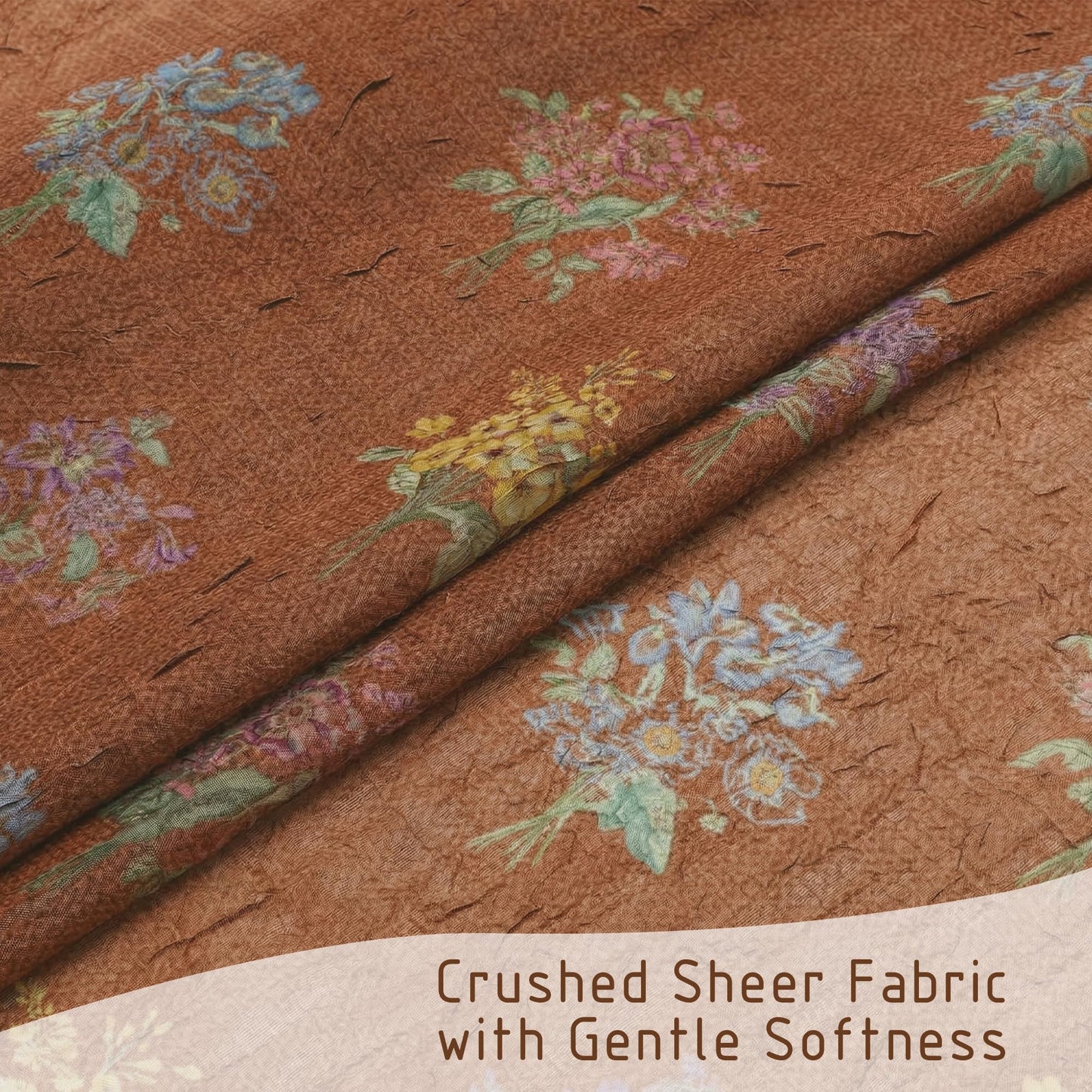 Ebesto Crushed Floral Sheer Curtains 63 Inch Length - Light Filtering Printed Sheer Flower Patterned Curtains for Bedroom, Spring Romantic Rod Pocket Window Drapes, 2 Panels, 42Wx63L, Terracotta