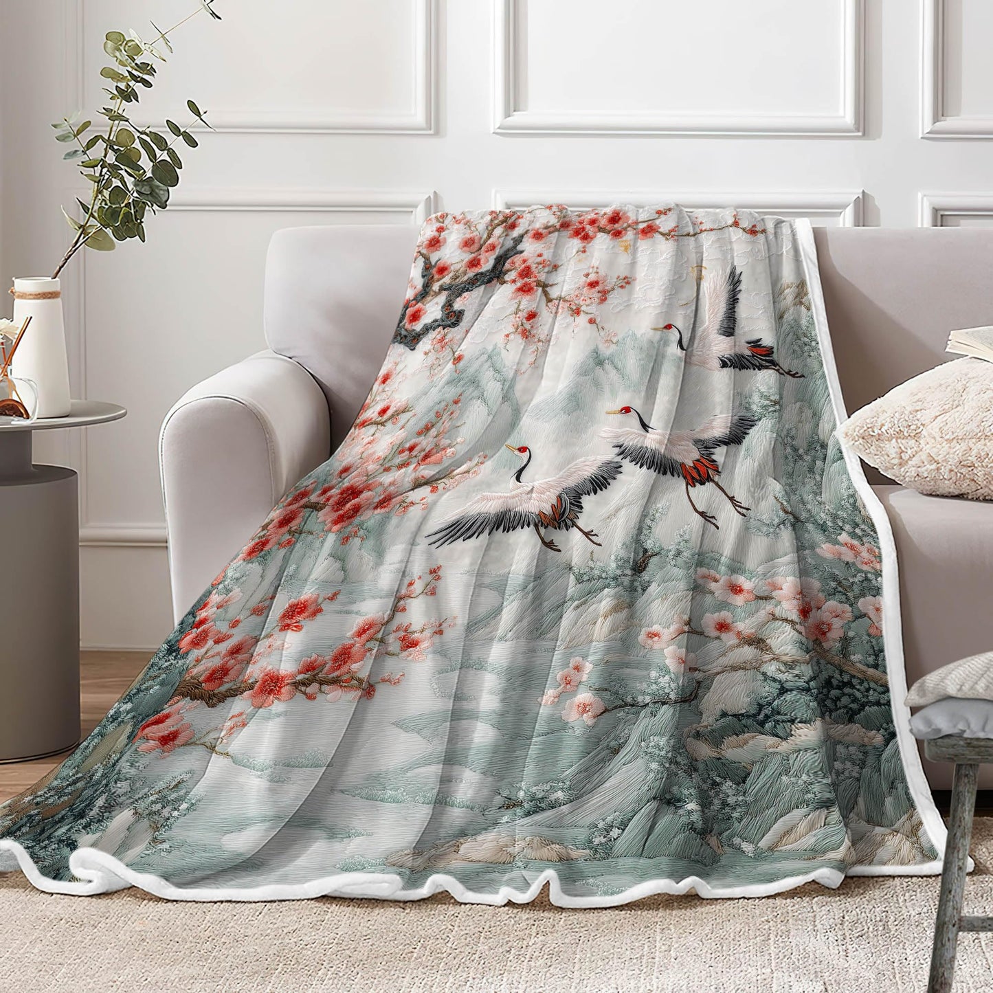 DYNH Asian Nature Landscape Crane Throw Blanket,Cherry Blossom Mountain Floral Bird Blanket for Adult Women Girls Teens, Asian Anime Plush Cozy Fuzzy Travel Blankets for Couch Bed,Multi1,50X60