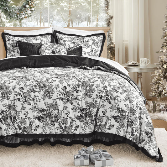 Wonderful Black Floral Cotton Comforter Set Queen Size, 5 Pieces Farmhouse Lightweight Comforter Bed in a Bag with Pillow Shams, Bed Skirt and Decorative Pillows for All Season,92"x96"