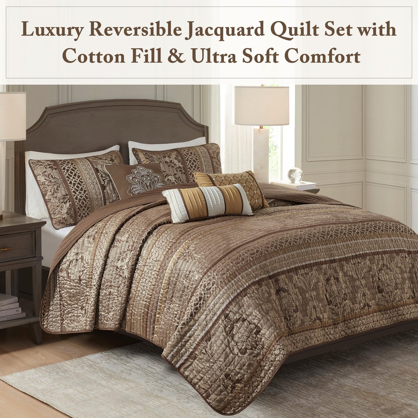 Madison Park Quilt Traditional Damask Design All Season, Lightweight Coverlet Bedspread Bedding Set, Matching Shams, Pillows, King/Cal King(104"x94"), Bellagio, Jacquard Brown/Gold 6 Piece (MP13-369)
